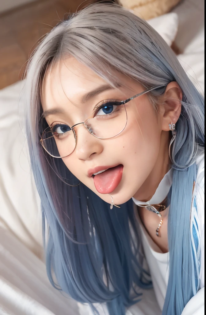 cum in mouth, ahegao, cum on body, Masterpiece, beautiful art, professional artist, 8k, art style by sciamano240, very detailed face, very detailed hair, very detailed clothes, 1girl, perfectly drawn body, beautiful face, long hair, light blue hair , very detailed blue vertical cat eyes, square glasses, pouty lips , rosey cheeks, intricate details in eyes, extreme close up of face, see only head and neck, staring directly at viewer, wearing winter clothes, sweater, winter coat, necklace, choker, earrings, gloves, pencil skirt, black tigh boots, some freckles, big wide grin, in love with the viewer expression, sunny winter setting, walking outside, pov mouth open and tongue out,