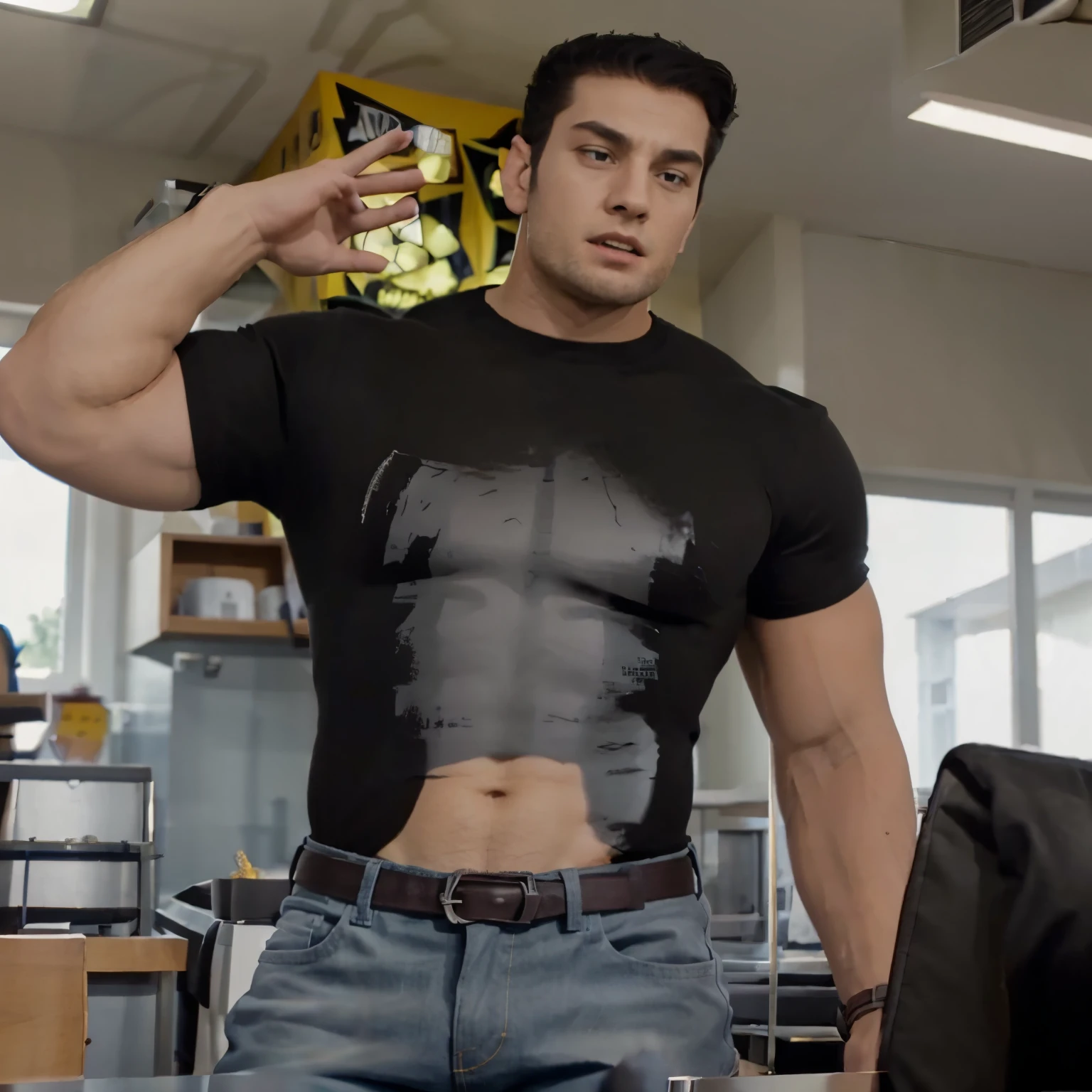 best quality, 4k, male, lucaslee, 1boy, black shirt, jeans, flexing, tight shirt, Hypnotized