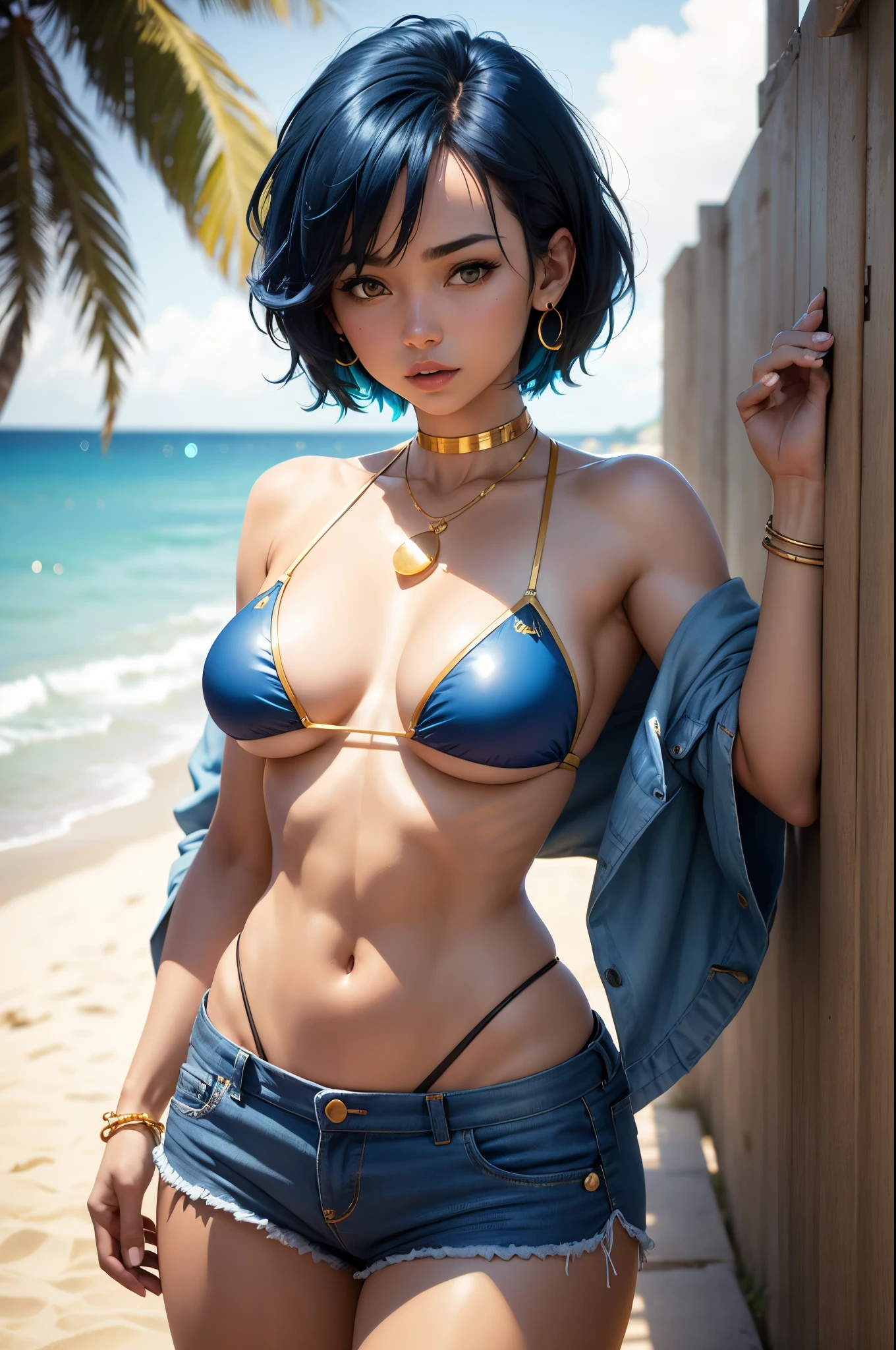 a woman in a bikini top and blue shorts, attire: bikini, realistic bikini, perfectly shaded body, full body, sunny weather, realistically proportioned body, fully colored, blank background, white background, jeans shorts, black-blue hair, gold navel ring, gold choker with jewel, underboob