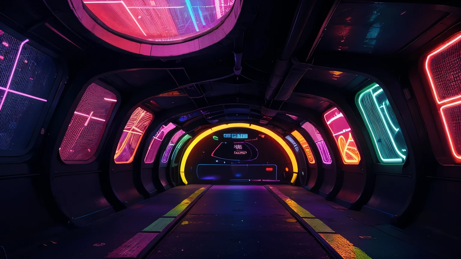 A digital painting with neon colors and abstract shapes Down the ramp in the tunnel round and about above the bass of timeless tunes crackles the warmth of blues, showcasing a futuristic underground music club where holographic performers entertain the crowd