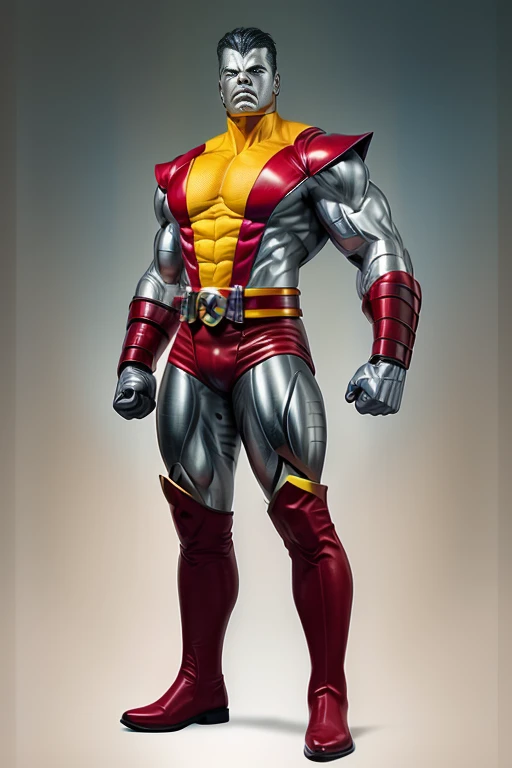 (masterpiece, best quality:1.2), (1man realistic, solo), (realistic colossus (x-men)), (((face colosus steel metal texture skin))), ((head metal steel)), (((no face texture human skin))), body steel skin, ((uniform colossus red and yellow)), red breeches, (red boots and gauntleds), (standing), plain gray background, masterpiece, HD high quality, 8K ultra high definition, ultra definition,