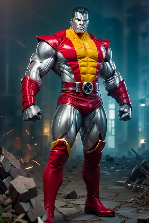 (masterpiece, best quality:1.2), (1man realistic, solo), (realistic colossus (x-men)), (((face colosus steel metal texture skin))), ((head metal steel)), (((no face texture human skin))), body steel skin, ((uniform colossus red and yellow)), red breeches, (red boots and gauntleds), (standing), plain gray background, masterpiece, HD high quality, 8K ultra high definition, ultra definition,