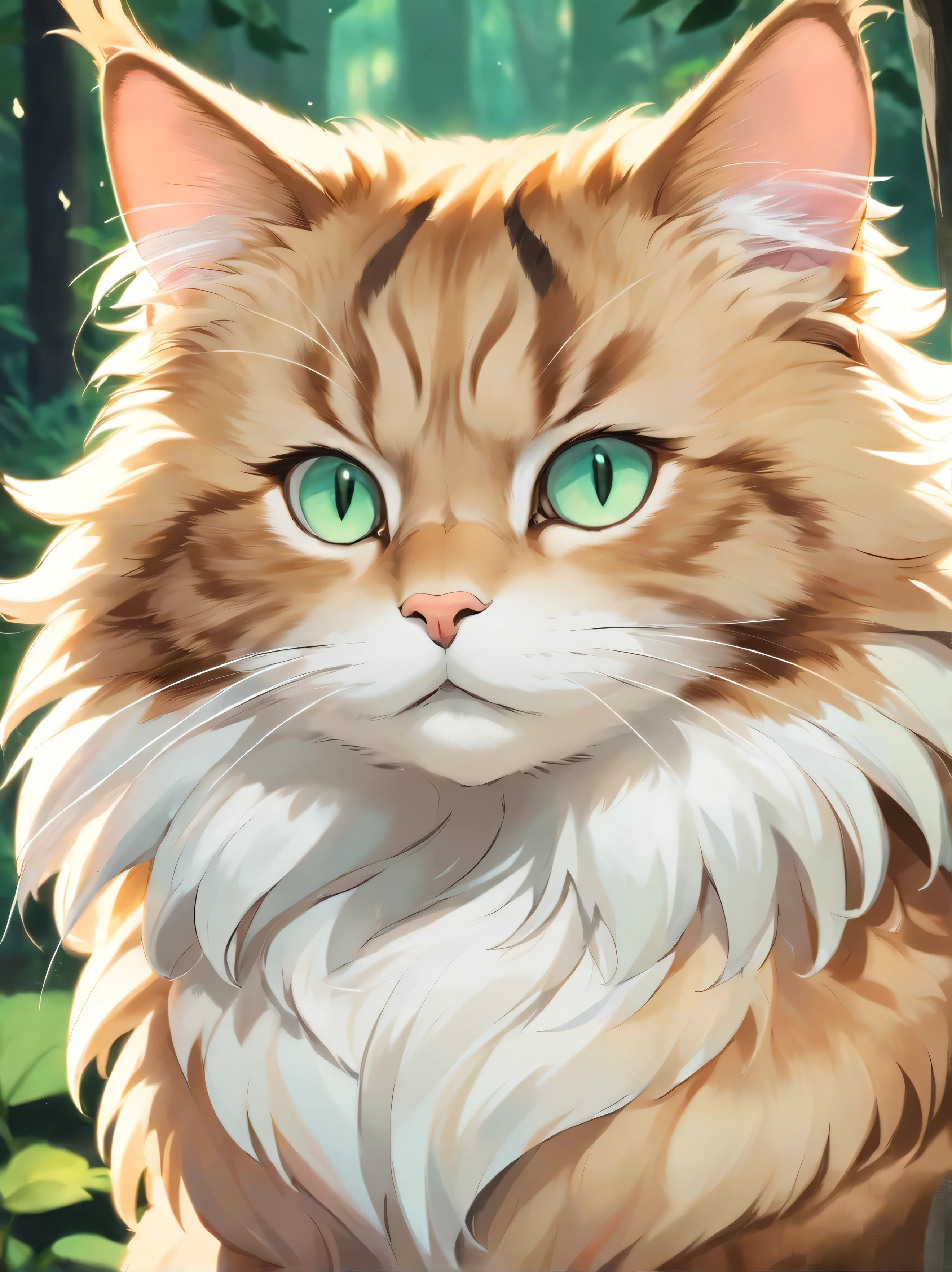 Warrior cat, realistic and detailed, Norwegian forest cat, fluffy, scar over left eye, pastel colors, close-up of cat, stoic expression