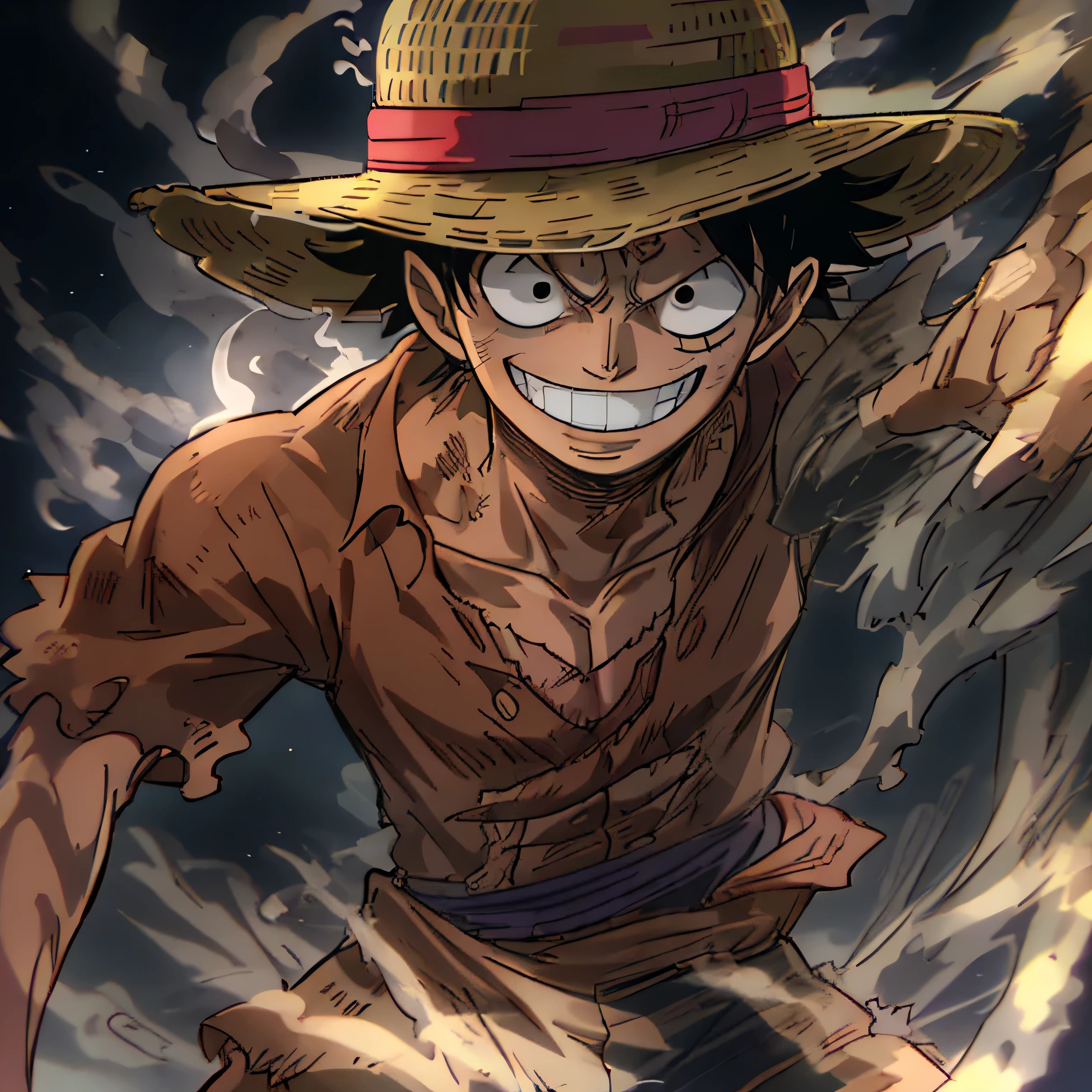 1boy, wanostyle, monkey d luffy, smiling, straw hat, looking at viewer, solo, upper body, ((masterpiece)), (best quality), (extremely detailed), depth of field, sketch, dark intense shadows, sharp focus, soft lighting, hdr, colorful, good composition, smoke all around, spectacular, closed shirt, anime screencap, scar under eye, ready to fight, black eyes, outdoors, night, fifth gear