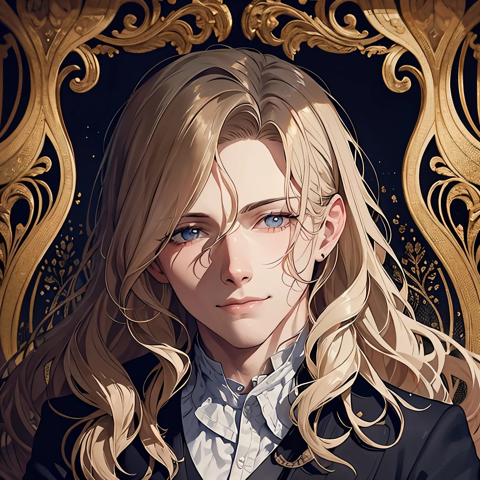 Dorian Gray with blonde wavy hair in art nouveau style, perfect face, masterpiece, dark cold colours, watercolour, handsome, cruel smile, art nouveau style, watercolour, high quality, realism, people touching him, touching his beautiful face 