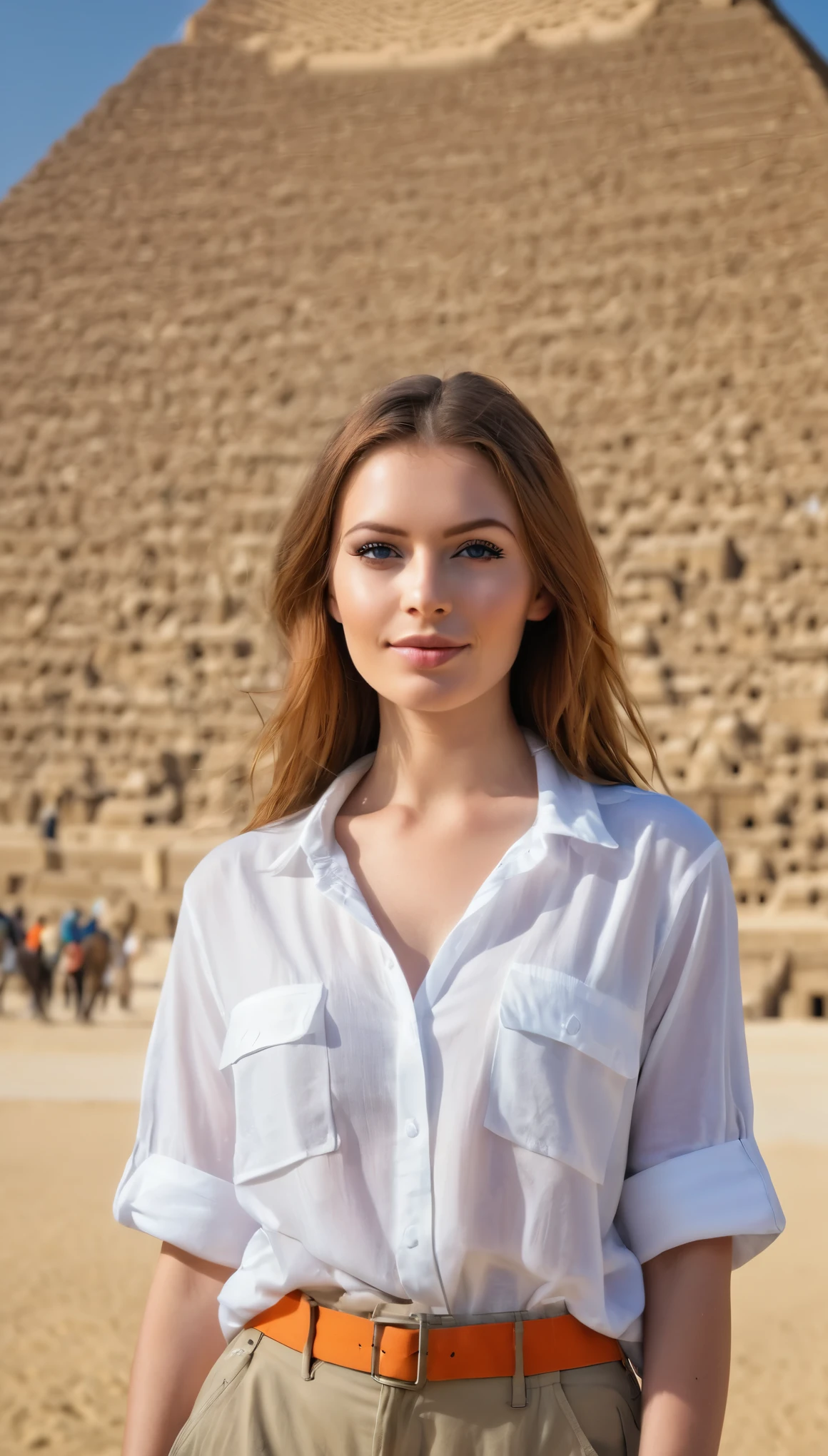 Snapshot of a beautiful 25 year old woman (kein Make-up) in front of the Great Pyramid of Cheops in Giza, natural face, blaue Augen, lange orange-rote Haare, blasse Haut, Perfect natural skin, strukturierte Haut, beautiful curves, weibliche Figur, big (Cup size D). Cargo pants, big shirt. Sie posiert in front of the Great Pyramid of Cheops in Giza. Hintergrund ist die Cheops-Pyramide in Gizeh. 1 solo girl. Full body shot, Fotorealistisch, RAW-Foto, szenisch, depth of field, detailliertes Gesicht, high resolution, satte Farben, filmische Beleuchtung, Film grain, mittlere Belichtungszeit, mittlere Blende, kleine Brennweite
