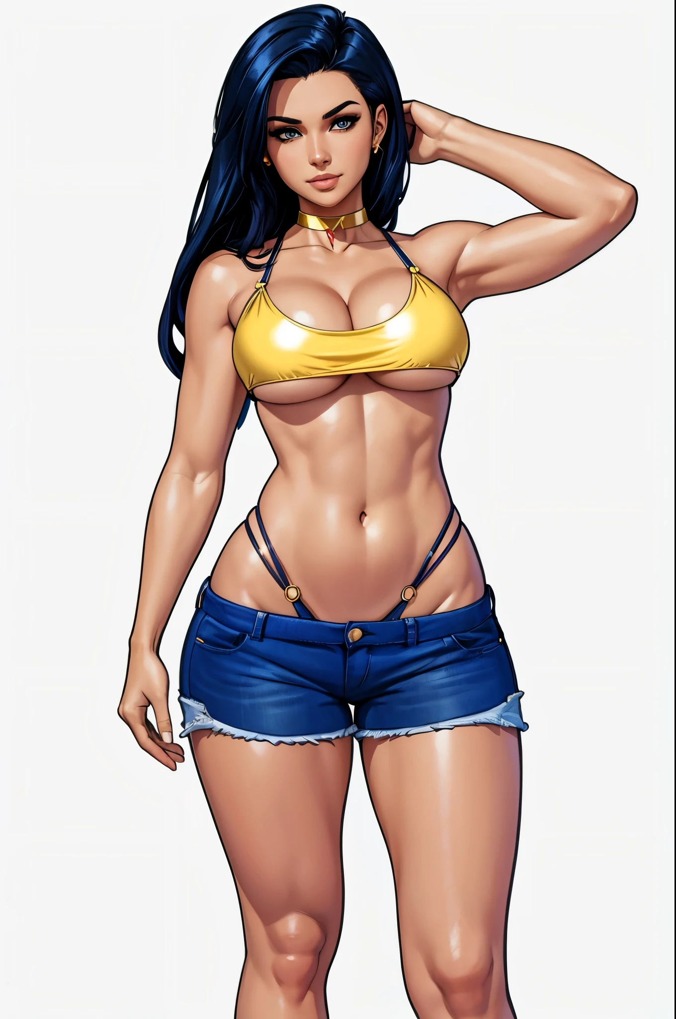 a woman in a bikini top and blue shorts, attire: bikini, realistic bikini, perfectly shaded body, full body, sunny weather, realistically proportioned body, fully colored, blank background, white background, jeans shorts, black-blue hair, gold navel ring, gold choker with jewel, underboob