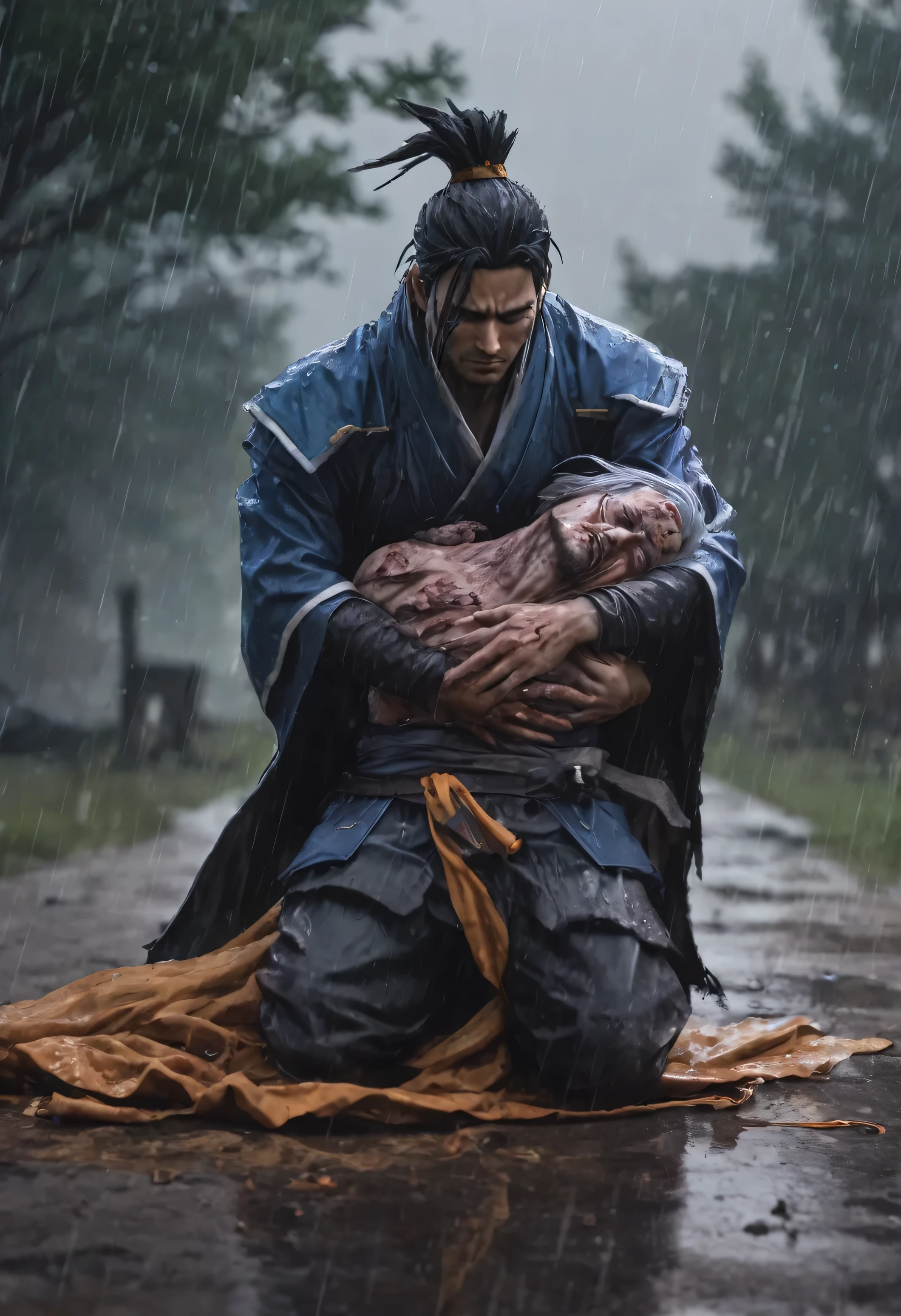 Sad Yasuo form league of legends holding his old master's dead body lying on the ground in his arms, rain, dull atmosphere, oilpaint, high quality render, 4k