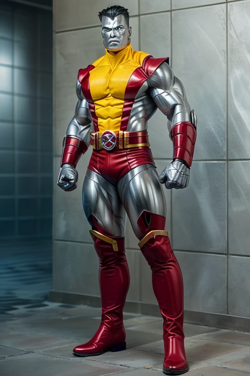 (masterpiece, best quality:1.2), (1man realistic, solo), (realistic colossus (x-men)), (((face colosus steel metal texture skin))), ((head metal steel)), (((no face texture human skin))), body steel skin, ((uniform colossus red and yellow)), red breeches, (red boots and gauntleds), (standing), plain gray background, masterpiece, HD high quality, 8K ultra high definition, ultra definition,