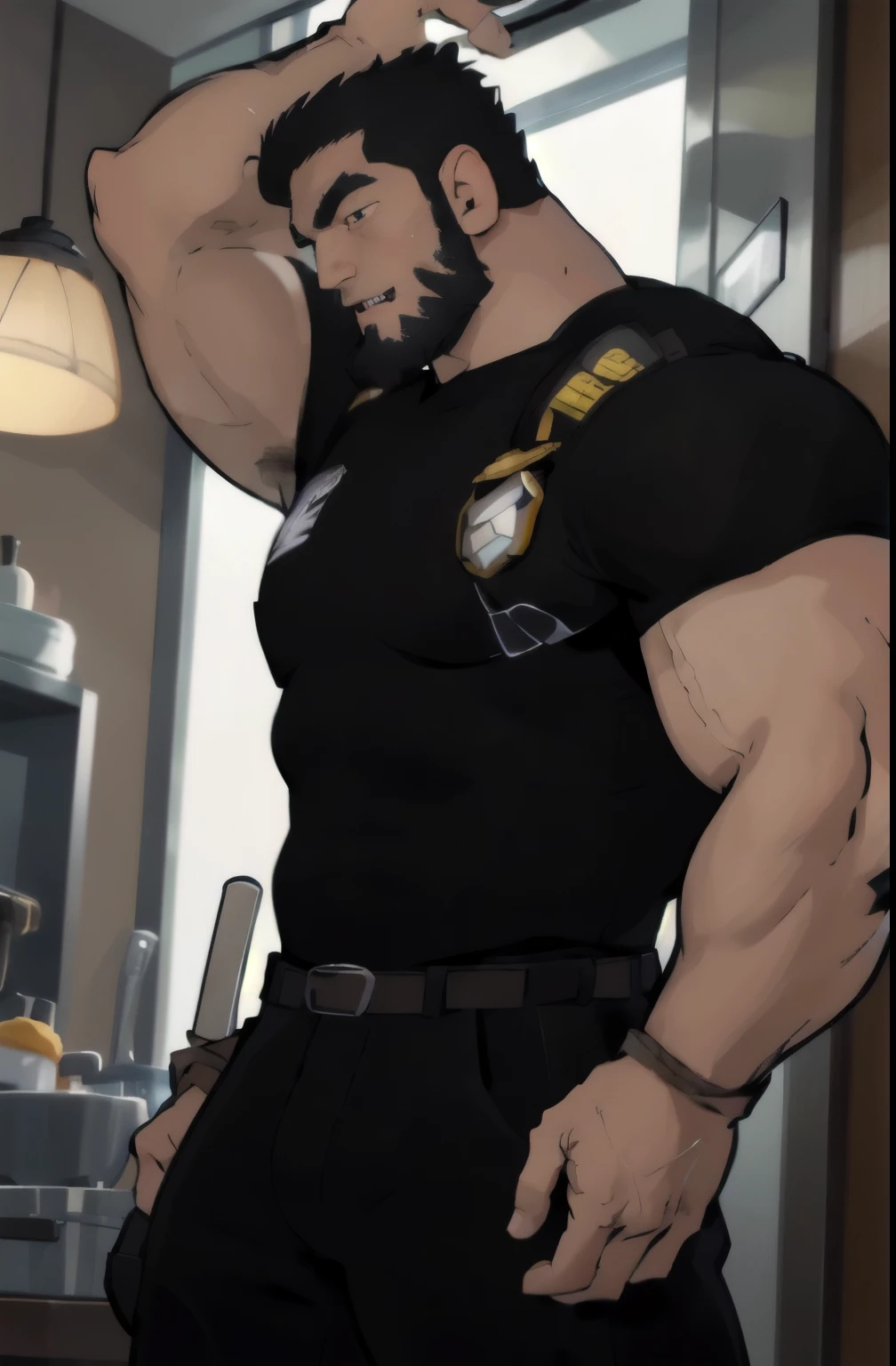 best quality, masterpiece, super high resolution, detailed background, realistic, illustration, single, 1 boy, muscle man, beard, SWAT, hotel, muscle, facial hair, volumetric lighting, depth of field, black clothes, ((black police uniform)), panting, raised crotch, heads up, Lucas Lee