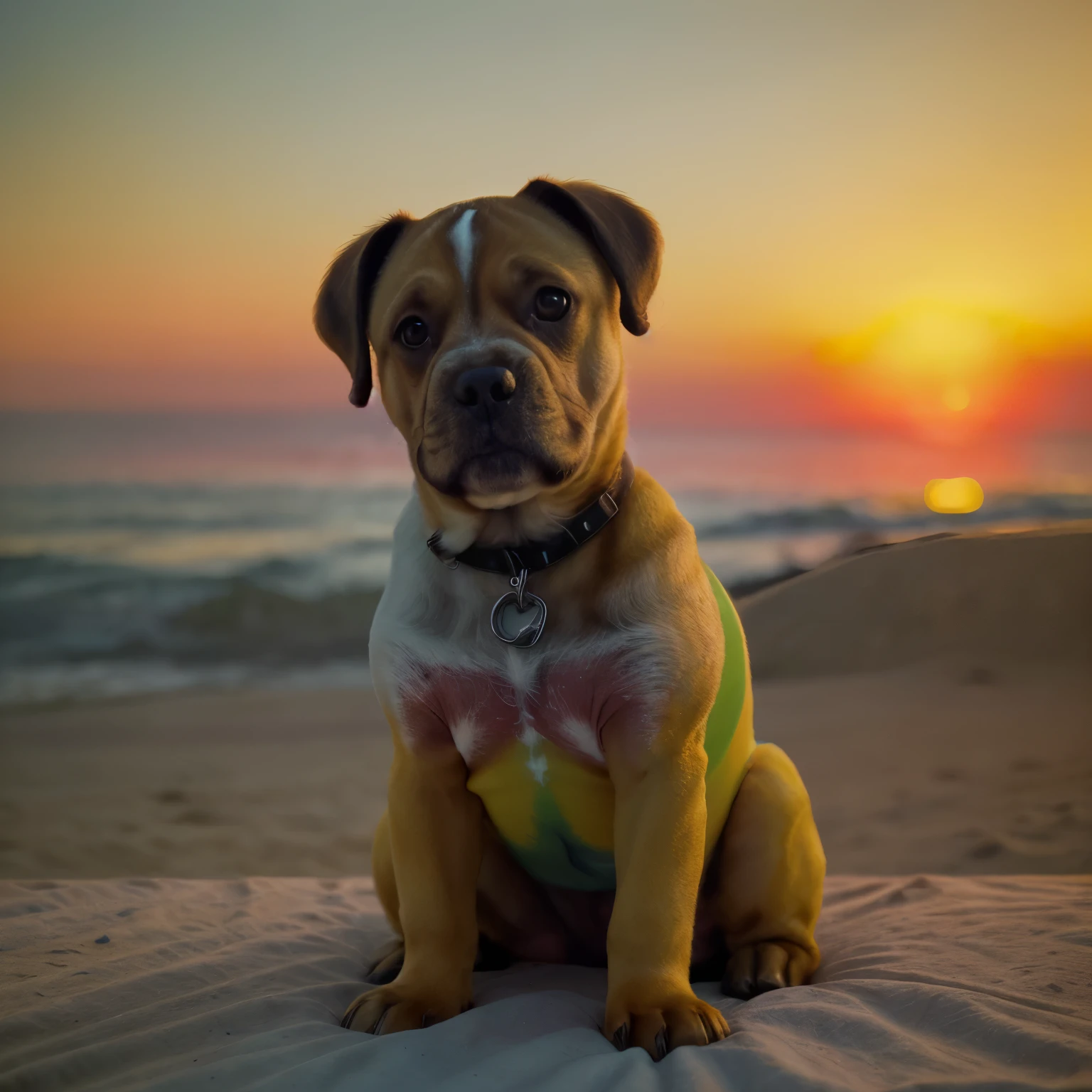 um cachorro bem gordo e fofo amarelo fofo, Sunset, enquadramento de cena, pastel color classification, cinematic depth of field effect, film noir genre, 8k resolution, alta qualidade, Ultra detalhe