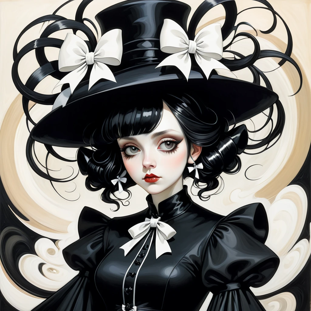 goth woman dressed in a black dress with lots of white bows and a hat with black tendrils in Brett Whiteley art style