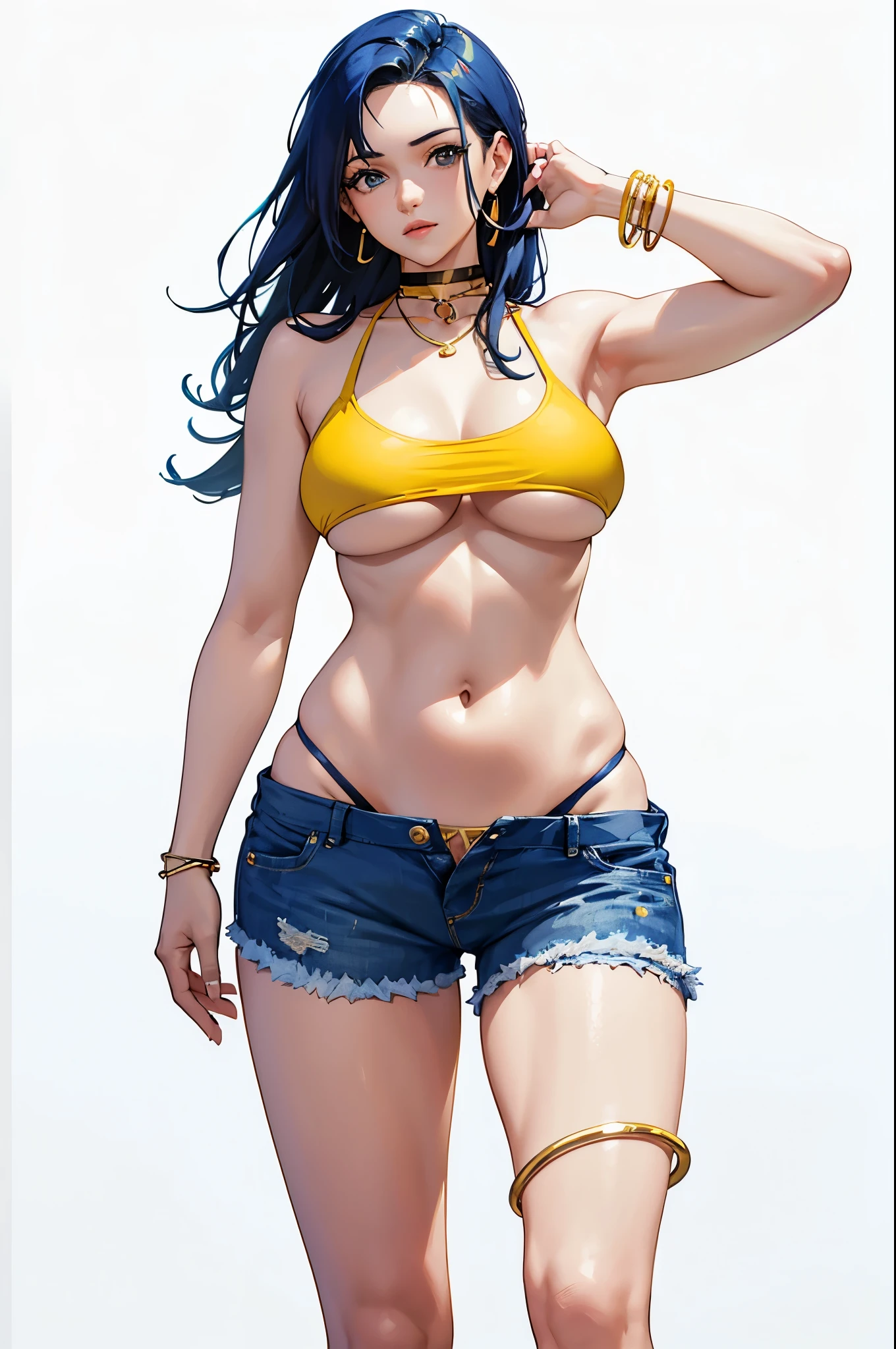  a woman in a bikini top and blue shorts, attire: bikini, realistic bikini, perfectly shaded body, full body, sunny weather, realistically proportioned body, fully colored, blank background, white background, jeans shorts, black-blue hair, gold navel ring, gold choker with jewel, underboob