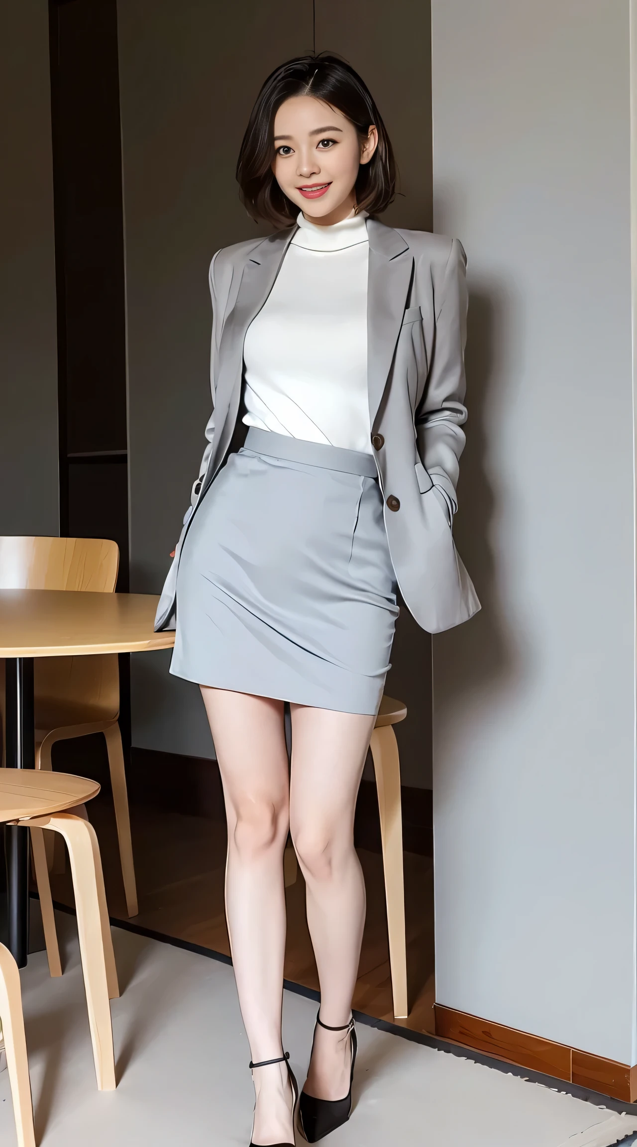 (highest quality, 8K, 32k, table top, nffsw:1.2), 1 girl, beautiful japanese woman, Natural light, hotel room, tight waist, White Rib Knit Mock Neck Sleeveless Top, (gray jacket), blazer, gray silk tight mini skirt, detailed face, short hair, ankle strap high heel pumps, gray suede high heel pumps, happy expression, look at the audience, ((whole body standing))