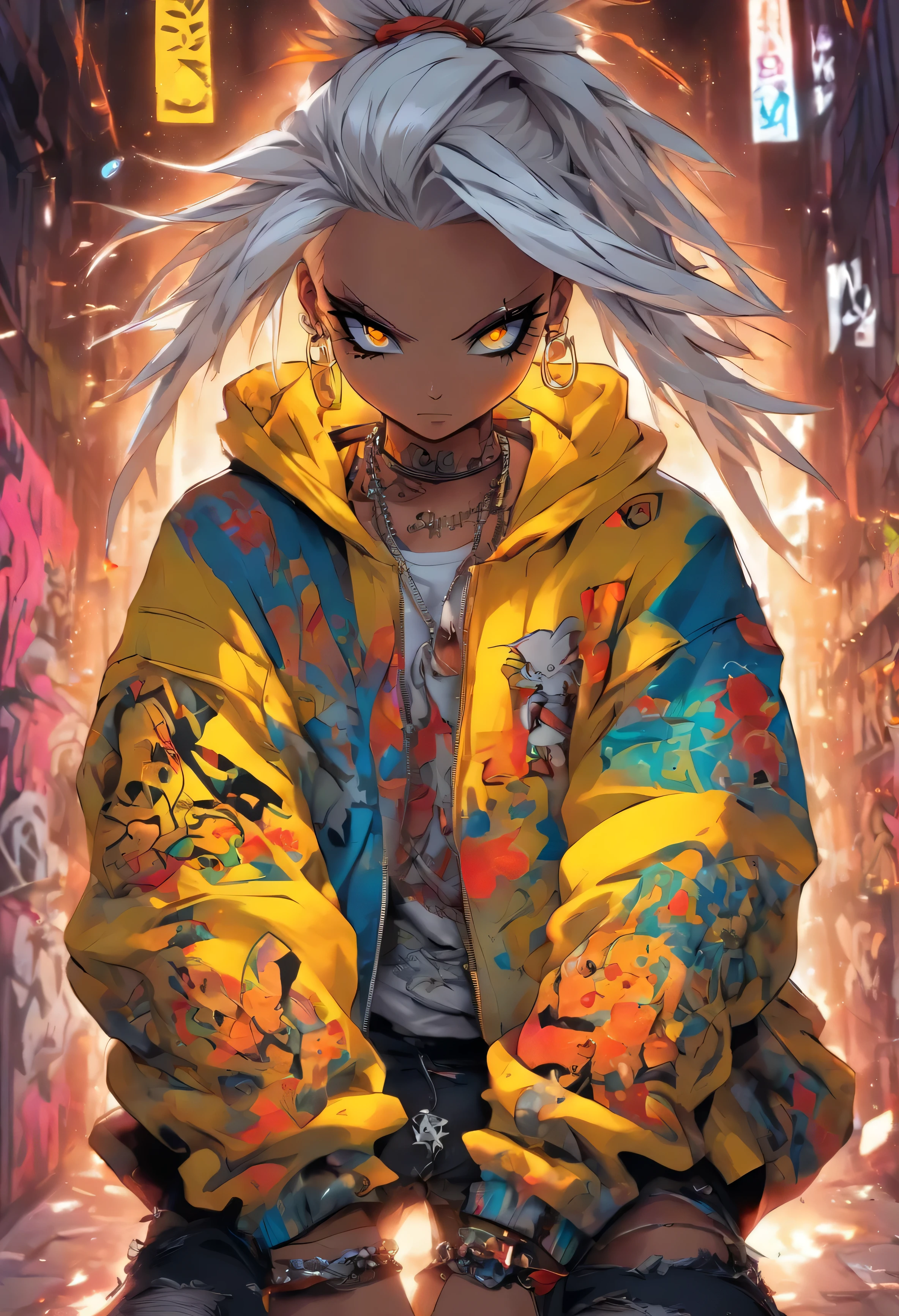A cool and trendy rabbit, white hair, yellow eyes, wearing trendy hip hop clothing, wearing a hoodie, graphic t-shirt and torn jeans, tons of tattoos and piercings, graffiti style background, highly detailed background, perfect masterpiece, high quality, high resolution