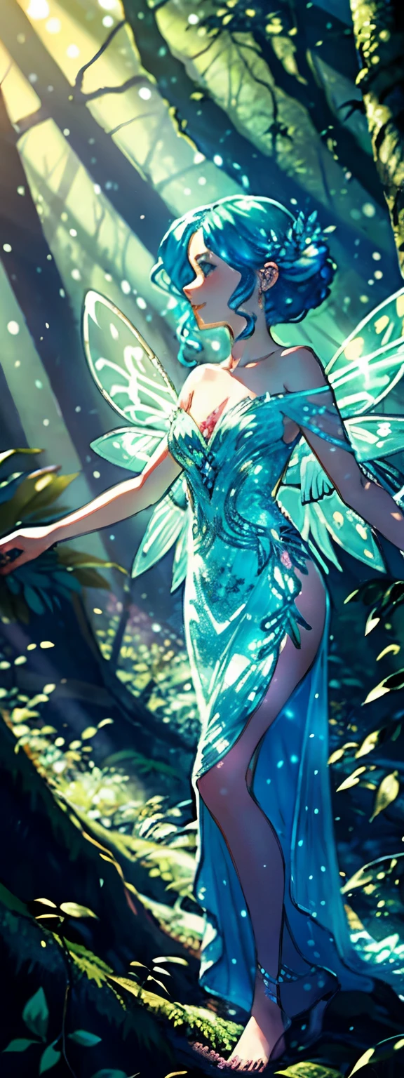 ultra realistic 4k image of a graceful fairy with glittering wings, wearing a flowing dress in shades of blue and green. She's in the middle of an ethereal dance, spraying stardust through the air. --auto --s2