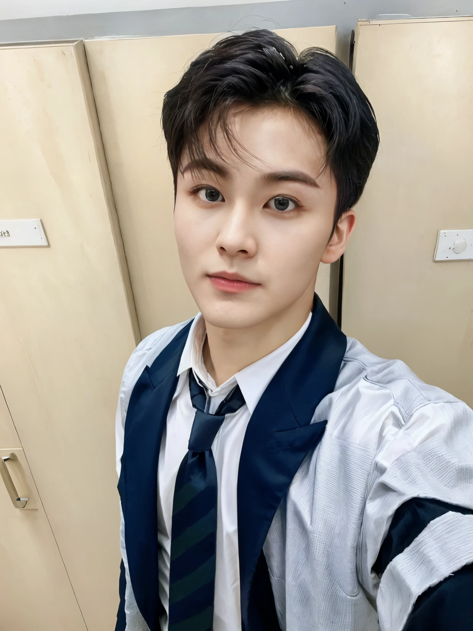 there is a man in a tie and vest taking a selfie, Mark, grupo NCT, kpop idol portrait, realism artistic style, beautiful androgynous prince, NCT, delicate androgynous prince, inspirado en Mark, lee Mark , young pale angel