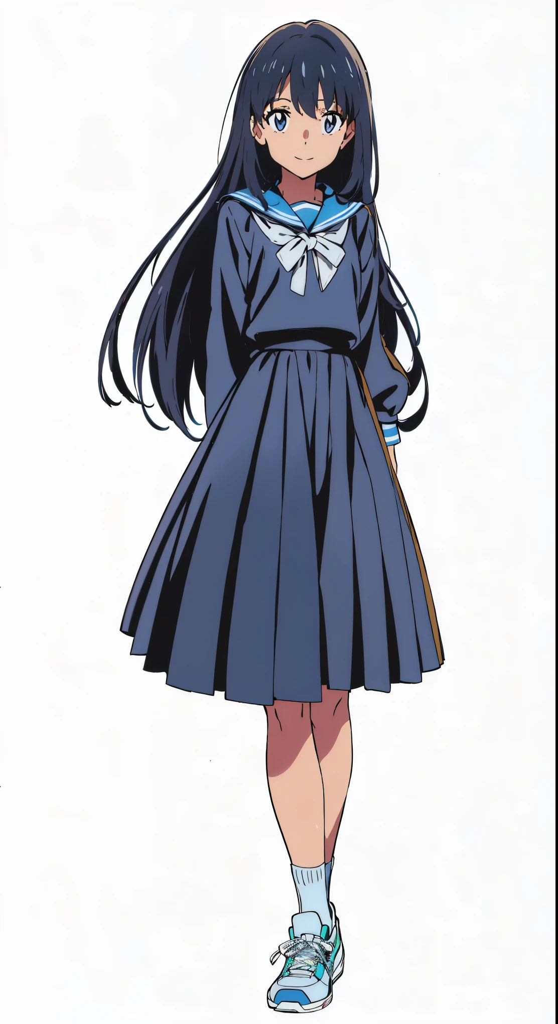 (best quality:1.0), (masterpiece:1.0), (super fine illustration:1.0), (beautiful artwork:1.0), (anime screencap:1.0), (official art:1.0), (cheerful:1.5), (light smile:1.5), (white background:1.0), (best quality:1.0), (masterpiece:1.0), (super fine illustration:1.0), (beautiful artwork:1.0), (anime screencap:1.0), (official art:1.0), (solo:1.0), (JHSGA:1.0), (a yo cute girl:1.0), (long skirt:1.0), (dark blue skirt:1.0), (pleated skirt:1.0), (dark blue sailor uniform:1.0), (long sleeve sailor uniform:1.0), (sneakers:1.0), (white socks:1.0), (ideal ratio body proportions:1.0), (lanky:1.0), (tall:1.0), (slender:1.0), (small breasts:1.0), (smaller face:1.0), (tareme:1.0), (detailed beautiful eyes:1.0), (detailed beautiful face:1.0), (glowing black eyes:1.0), (medium hair:1.0), (black hair:1.0)