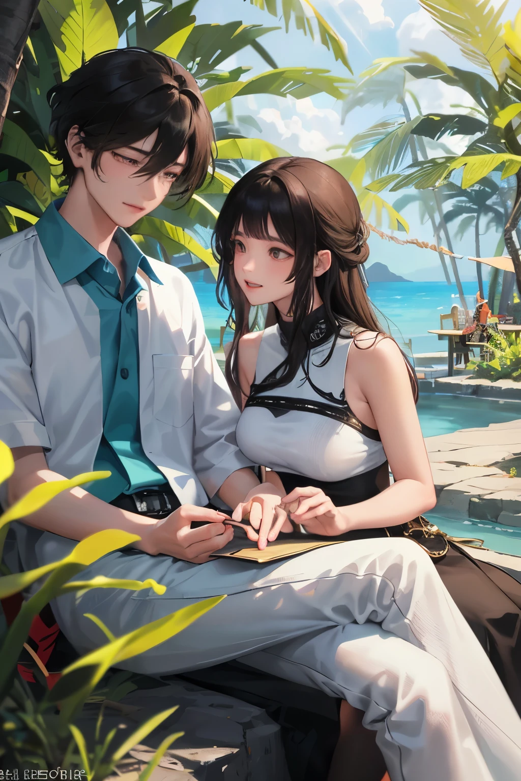 In the vibrant setting of a tropical scene, a young man named Hazme and a young woman named Mi Ya Kaht are seen enjoying a date at a picturesque location. With the sun casting long shadows upon the lush greenery, they sit side by side, sharing a moment of tranquility.
Hazme, with his considerate nature, makes sure to take Mi Ya Kaht's unique dimensions into account as they partake in their romantic rendezvous. He is mindful of their age difference, making every effort to ensure that they both feel comfortable and at ease.
The atmosphere is filled with an aura of serenity, amplified by the gentle rustling of