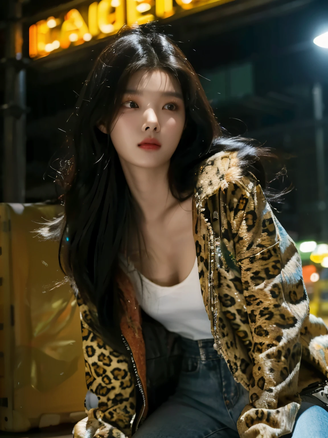 (close range) Kim Yoo Jung,girlfriend, Koreans wear leopard-print denim jackets in front of colorful lights., neon art, Parrot colored lights, Age 24