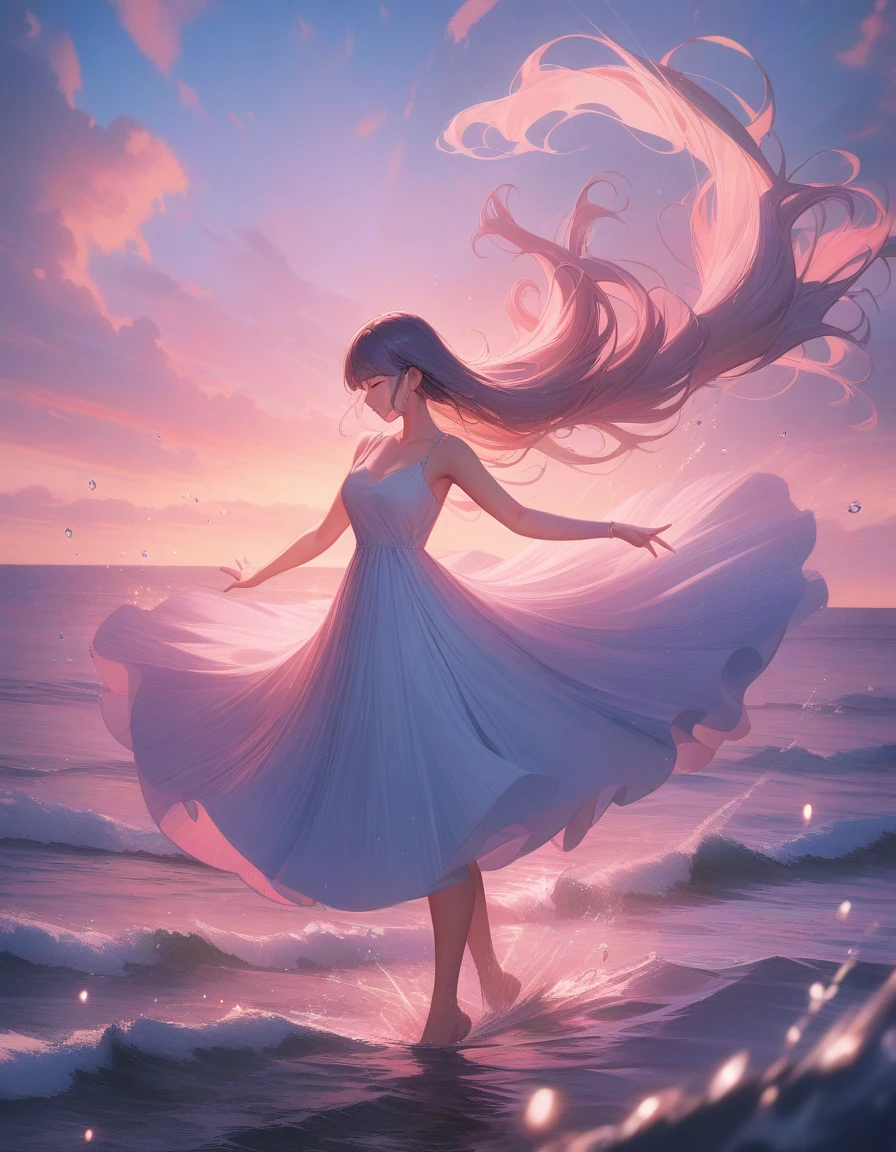 1girl, People Dancing on the Sea Surface, aesthetic, extremely detailed, masterpiece, best quality, very aesthetic, absurdres,(best quality,4k,8k,highres,masterpiece:1.2),ultra-detailed, dancing on the sea surface, colorful, aesthetic, surreal, vibrant, graceful movement, heavenly atmosphere, Jim Burns, Daniel Gerhartz, Trending on ArtStation, ocean waves, sunset backdrop, energetic tempo, professional lighting and shadows, floating dresses, flowing hair, mesmerizing choreography, artistic interpretation, dynamic poses, soft golden light, dynamic brushstrokes, ethereal ambiance, sparkling water, expressive emotions, lively music, magical evening scene, joyous celebration, captivating performance