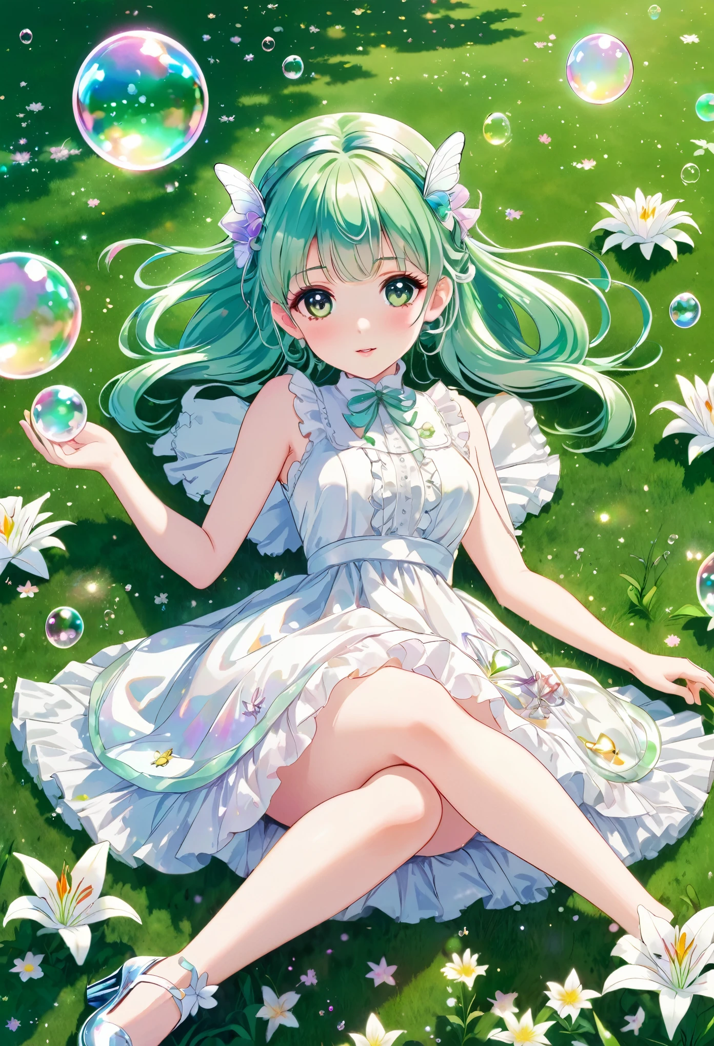 Anime, a fairy with hologram-colored hair and a white ta dress and glass shoes is lying on green grass with lily flowers during the day. There are hologram soap bubbles and hologram colored butterflies.