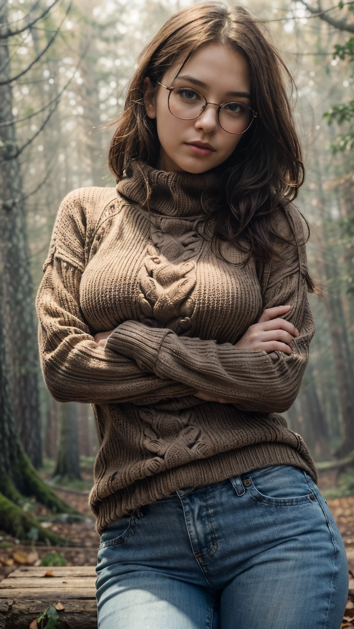 Photorealistic, (close up:1.3, exposed face), low angle, (seen from below), a japanese young woman with hood, (long sleeve (red sweater:1.2), oversized jeans), a hyperrealistic beautiful young girls with grayish blue eyes in glasses, natural sagging breast, high detailed official artwork, beautiful girls with slim fit body and busty posture, long legs, attractive young woman, (atractive poses:1.3, crossed arm hold the breast up), at bench in the (natural foggy forest:1.2), natural background, dubnitskiy david fanart, realistic portrait, smooth photorealistic, perfect visual of a cute girls, cute girls with skinice soft face, face focus, makoto shinkai and artgerm, photon mapping, natural light, warm color tones, vivid colors, cool ambient, foggy atmosphere