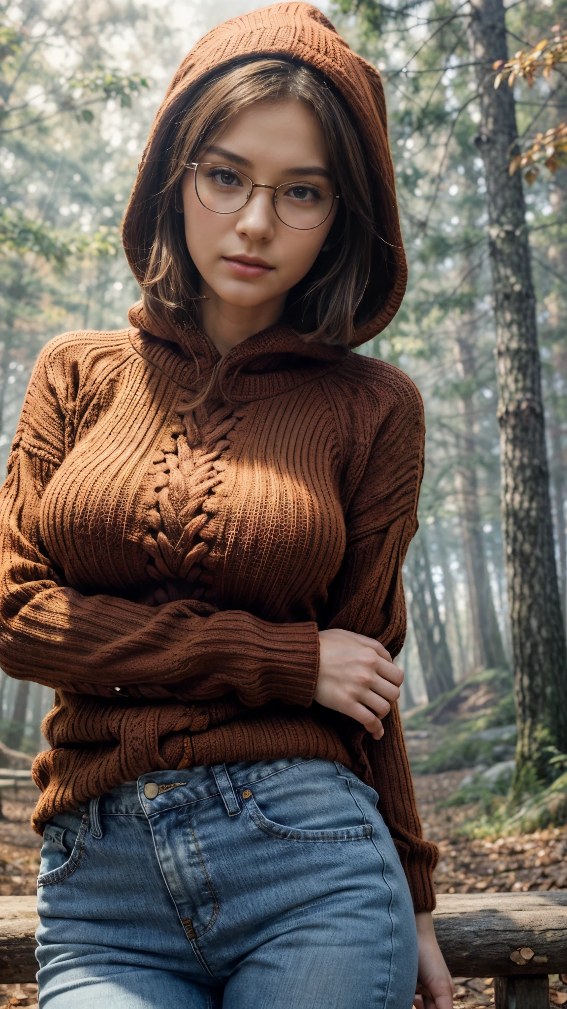 realist, (expansion:1.3, exposed face), low angle, (seen from below), Japanese young woman with hood, (long sleeves (Red sweater:1.2), jeans oversize), Beautiful surreal woman with dull blue eyes wearing glasses , natural sagging breasts, Highly detailed official illustrations., Beautiful girls with slim body and chest posture., long legs, queso, (attractive possession:1.3, Cross your arms and lift your chest.), On the bench (nature misty forest:1.2), nature background, Dubnitsky David fan art, realist portrait, soft realist, Perfect images of cute girls., cute girls with soft faces, facial focus, Makoto Shinkai and Artgerm, Photon mapping, natural light, warm tones, vivid colors, cool environment, A misty atmosphere