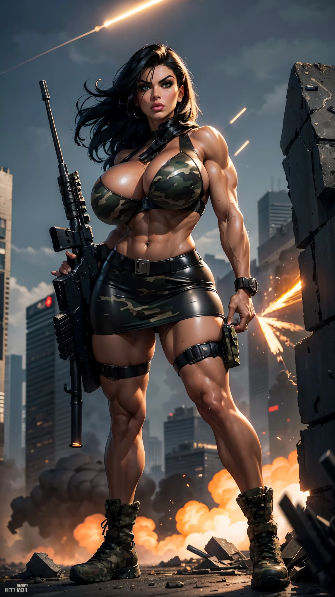 21 year old raven-haired curvy Denise Milani, ((full breasts)), ((camouflage leather skirt)), ((camouflage leather bra)), ((combat shoes)), ((cropped, short straightened jet-black hair)), (muscular physique), ((strong muscular legs)), (beautiful large green eyes), ((intimidating action pose firing a rocket launcher)), detailed covered nipples, sexy soldier, dark red lipstick, smokey makeup, (war-torn city background with destroyed buildings), big_boltedontits, boltedontits, th3p1t,