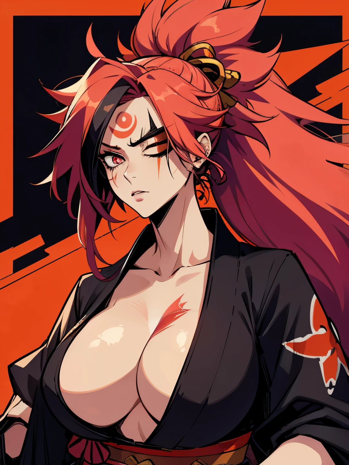 1girl ,amputee ,big hair ,black kimono ,breasts ,cleavage ,eyepatch ,facial tattoo ,japanese clothes ,kataginu ,kimono ,large breasts ,long hair ,multicolored clothes ,multicolored kimono ,one-eyed ,open clothes ,open kimono ,orange background ,pink hair ,red eyes ,samurai ,scar ,scar across eye ,tassel ,tattoo ,torn sleeve