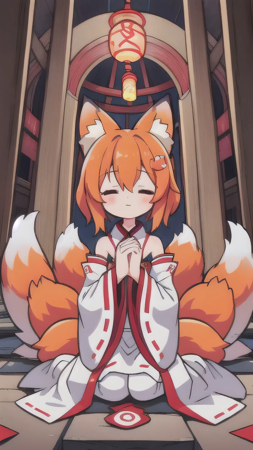 Temple ruins ,kitsune, kitsune девушка is sitting , fascinating atmosphere, Fox Girl, девушка kitsune, close to the viewer, Kumiho, is sitting , PRAY, facing the viewer, Hands together , Close eyes, 2 hands together, kitsune девушка
