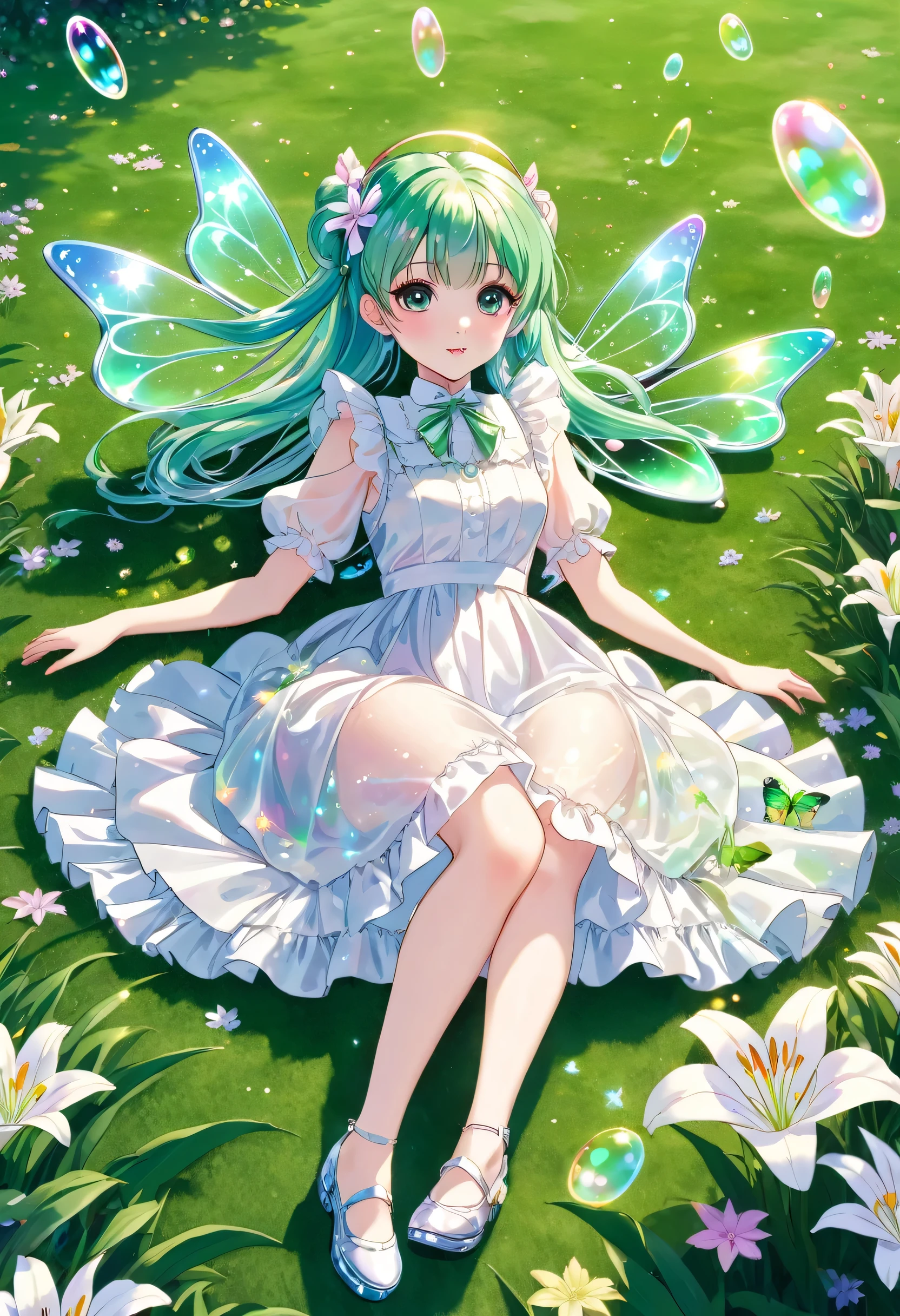 Anime, a fairy with hologram-colored hair and a white lolita dress and glass shoes is lying on green grass with lily flowers during the day. There are hologram soap bubbles and hologram colored butterflies.