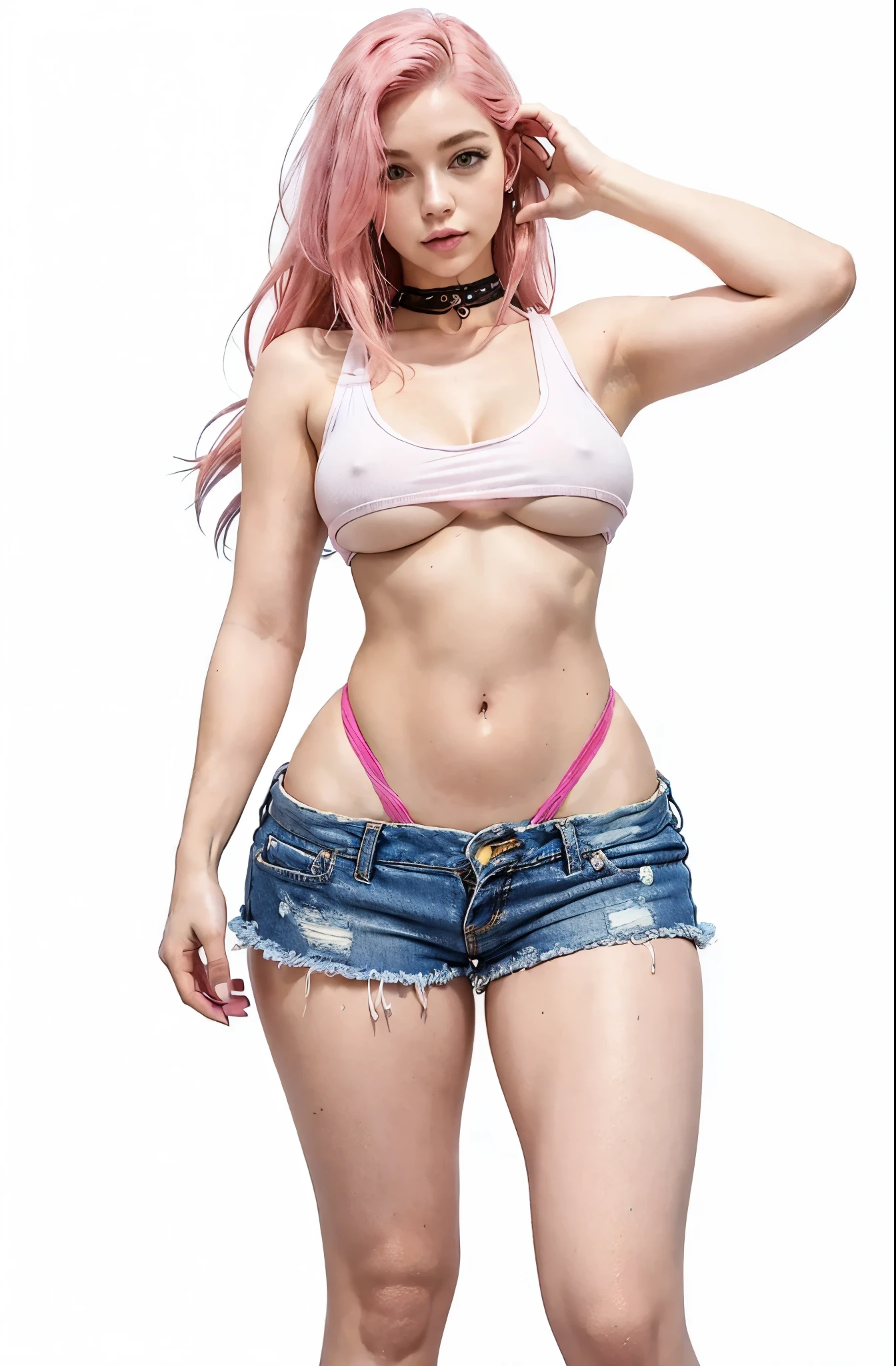 gorgeous pink haired woman, ragged white tank-top, underboob, cutoff blue jeans hotpants, magenta thong