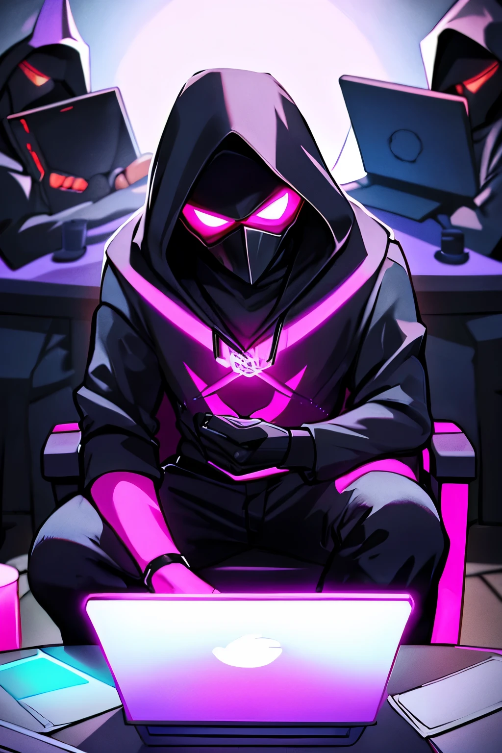 cartoon style, a villain in a black hood sits in the center with a laptop in his hand, high quality, dark lighting, multi-colored neon, good quality