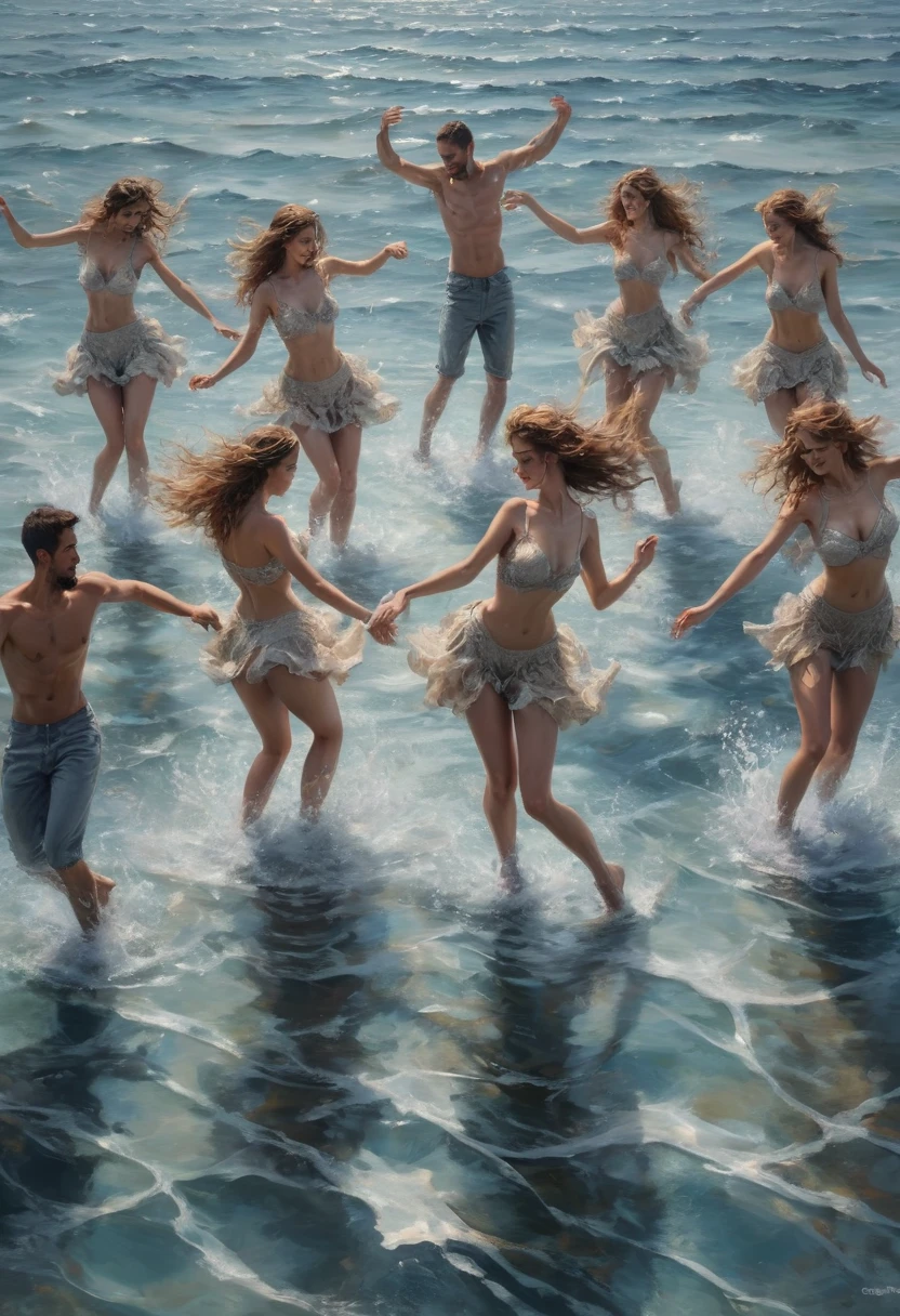 People Dancing on the Sea Surface, best quality, masterpiece, very aesthetic, perfect composition, intricate details, ultra-detailed