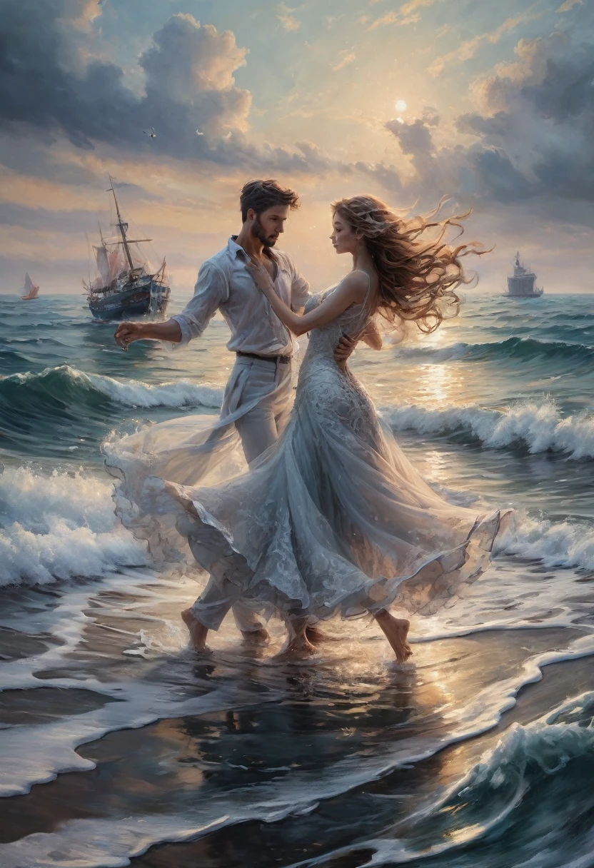 People Dancing on the Sea Surface, best quality, masterpiece, very aesthetic, perfect composition, intricate details, ultra-detailed