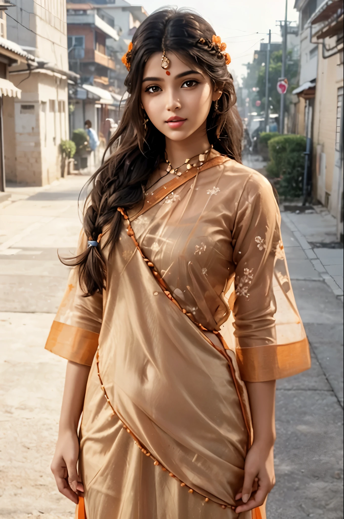 Beautiful woman, 18yo student, beautiful orange kurti dress, covering her body with transparent chunari, (orange bindi on head), during daytime, yamamura, calm and cool, Detailed body, Detailed face, ((orange eye)), ((pink lips)), shiney body, Gorgeous, (standing in a sexy pose), A hyper-realistic, Charming, beautiful, Long braided hair, Ambient lighting, Foggy, Winters, Detailed background, Volumetric lighting, Shadow, 8K