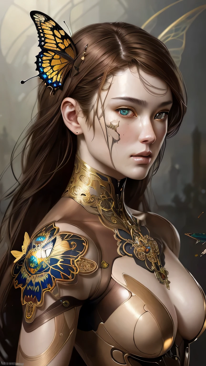 8k portrait of beautiful cyborg with brown hair, Complex, elegant, very detailed, majestic, digital photography, art germ、Luan Jia、greg rutkowskiによるアート、surrealist painting、gold butterfly filigree, Broken glass, (masterpiece, side light, detailed and beautiful eyes: 1.2), HDR,