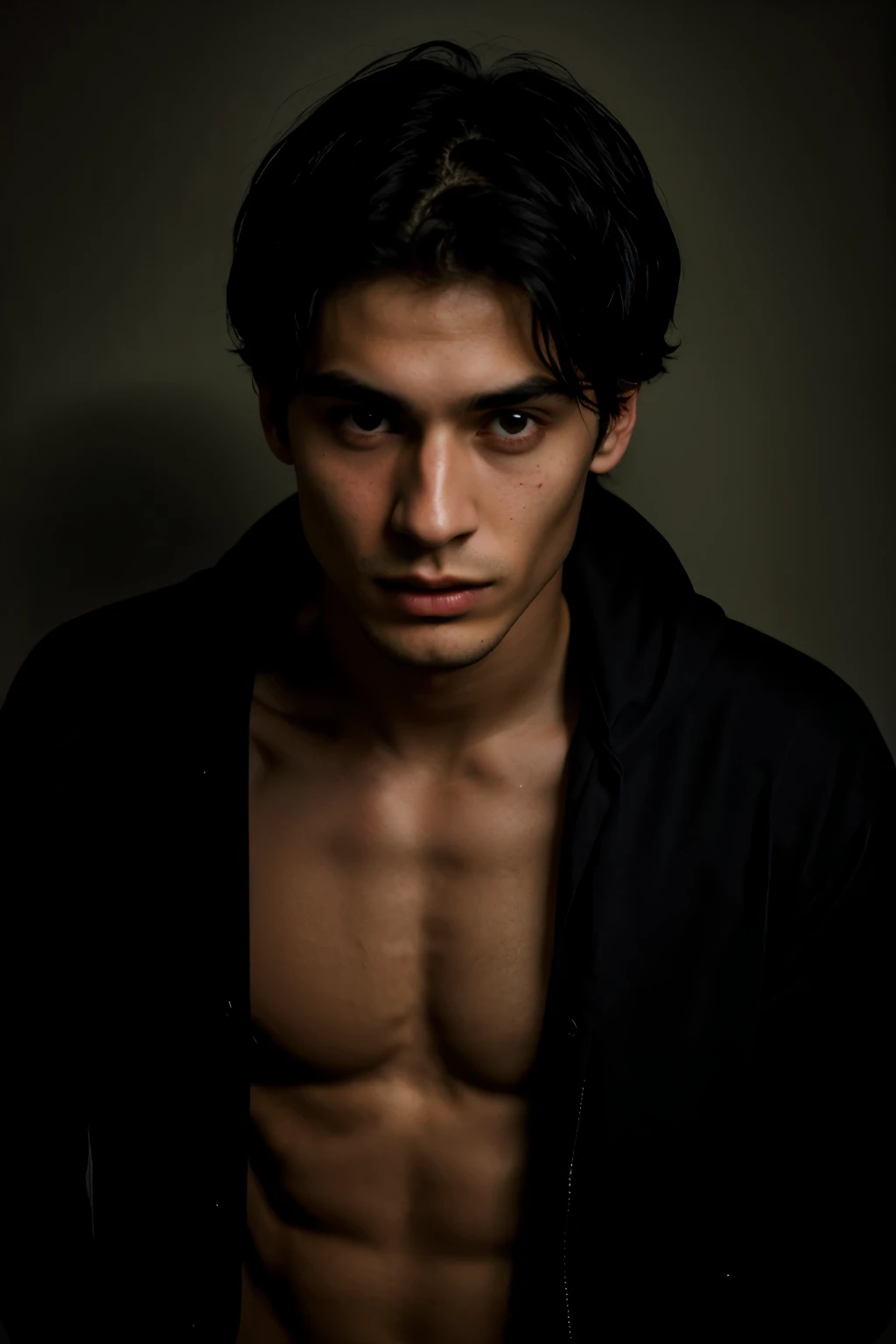 Make the look of a 24-year-old boy with black hair, ojos verdes oscuro, piel clara y que tenga cara de enojado o serio, that your cheekbones are marked and you have good facial symmetry. Let him be in a dark room without a shirt