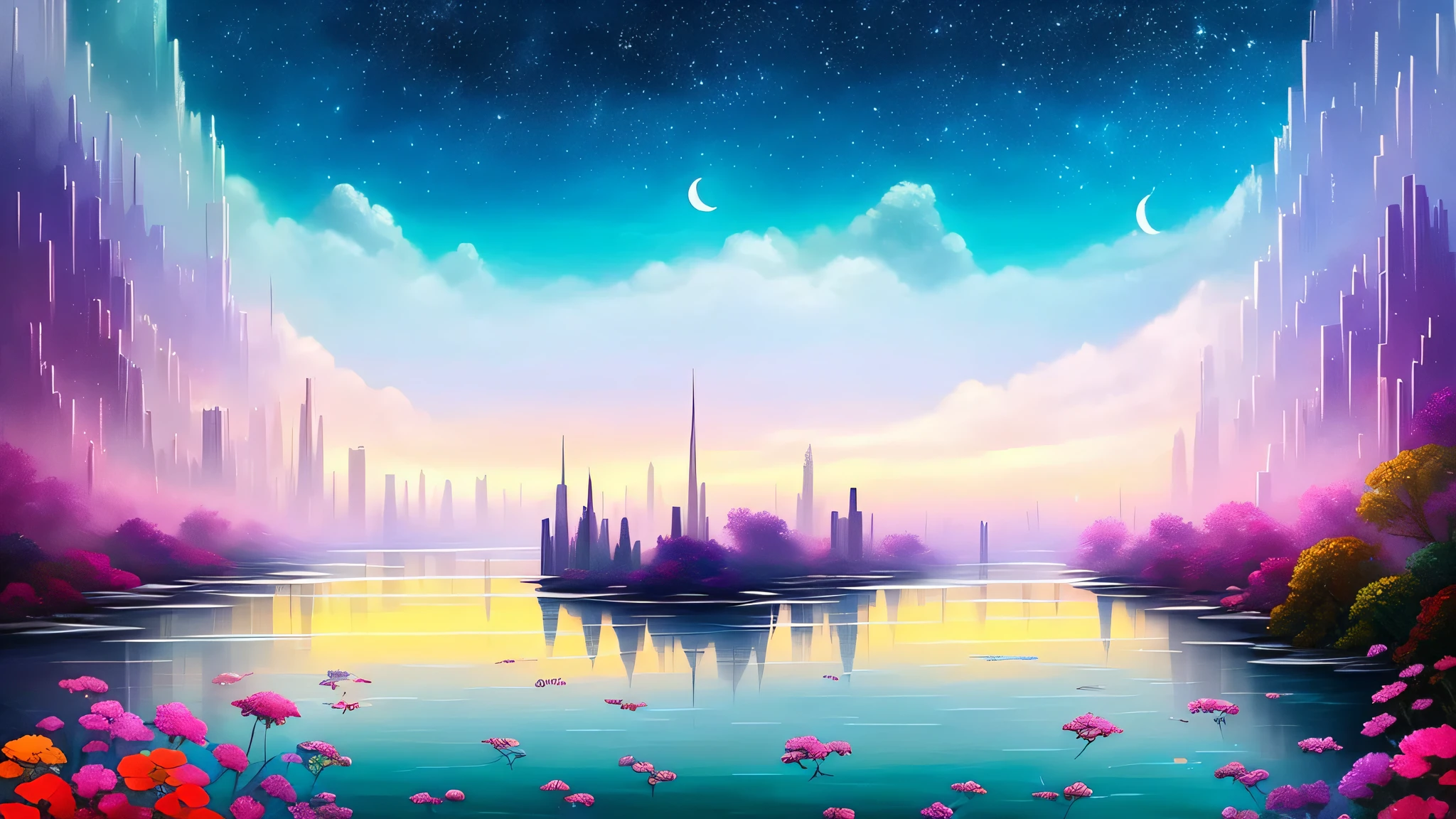 Top quality, colorful art museum, river painting with stars in the sky, glowing skyscrapers, shiny all over, stylish skyscrapers, fantasy art, beautiful anime scenes, dream paintings, fantasy landscape paintings, fantasy knights, beautiful flowers are blooming