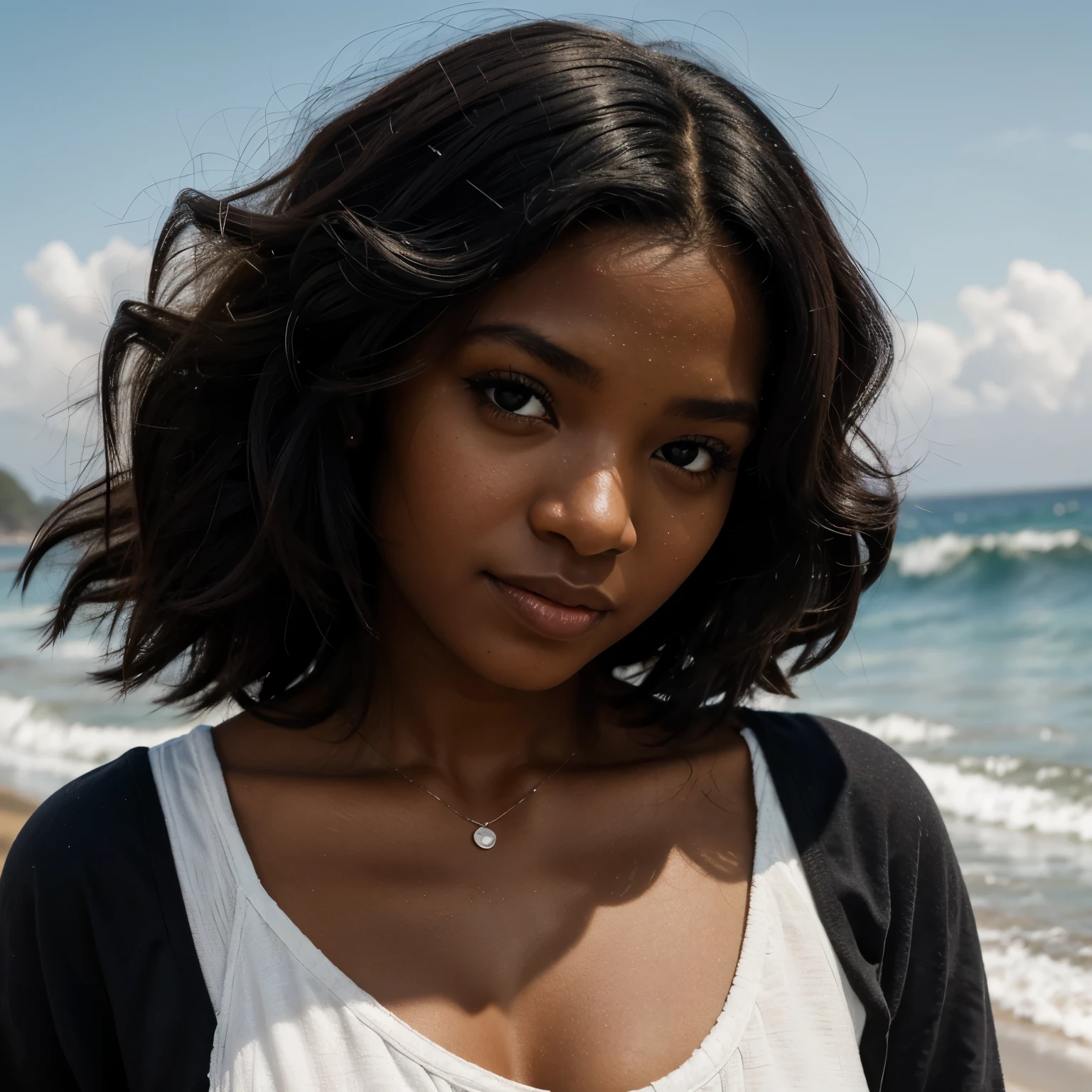 light black girl ,cabelo
grande
cacheado,black medium eyes, baixa, em lual, com os
Cabelos
voando suavemente,no
final da
tarde, na praia