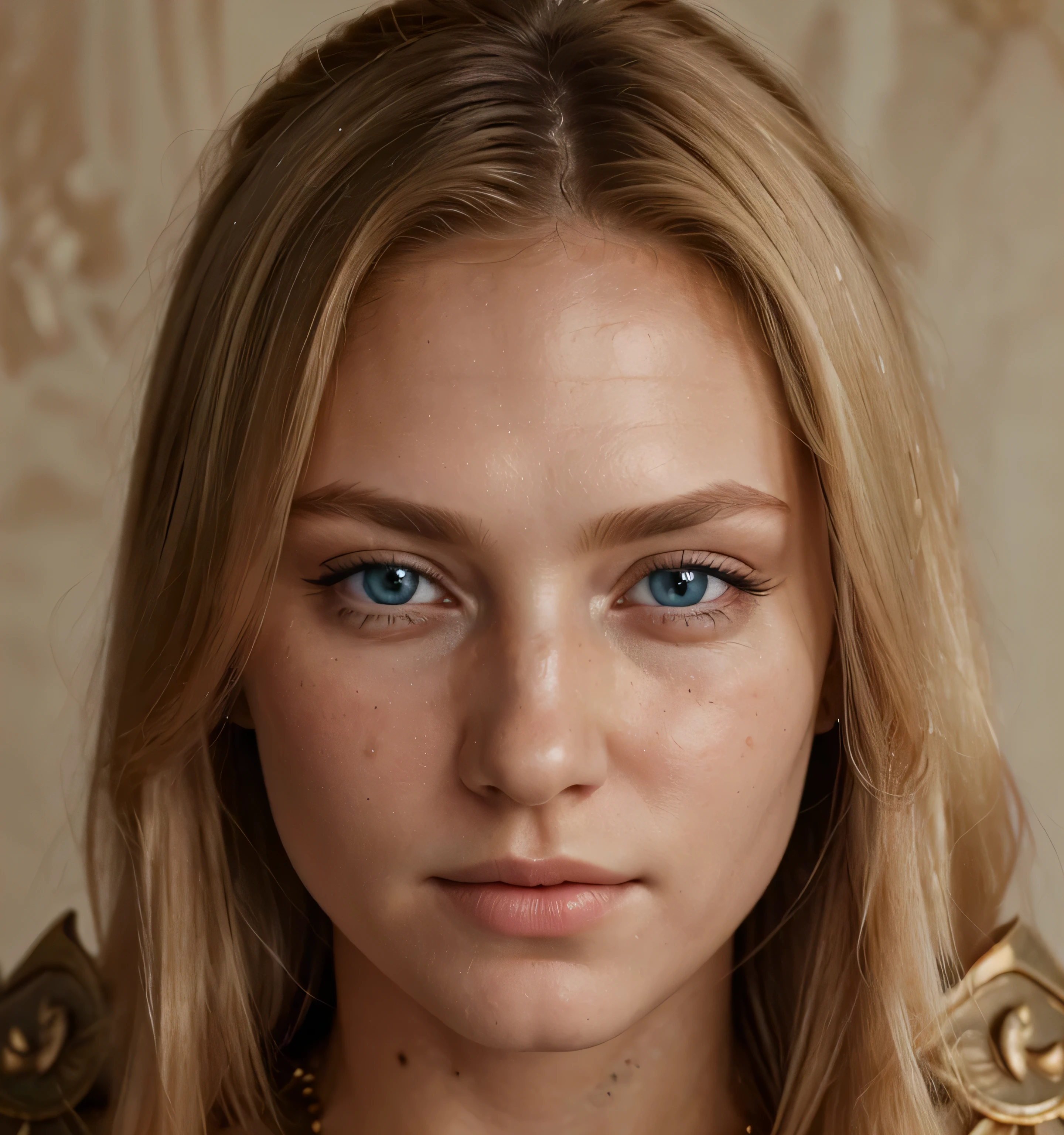 an angel, gold armor (masterpiece, Best quality, A high resolution:1.4), 1 girl, an angel, skin pore texture, blonde hair, HD , looks straight ahead; ,photo, movie, cinematic, whole body, realistic, (8 thousand., RAW photo, Best quality, masterpiece:1.2), (realistic, photo-realistic:1.33), Best quality, Detailed blue eyes, Cute,daylight, depth of field, detailing, wrinkled skin, spicy, detailed and realistic portrait of a woman ,(freckles:0.5)