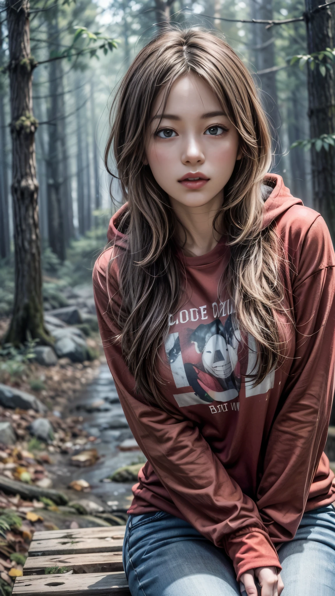 Photorealistic, (close up:1.3, exposed face), low angle, (seen from below), a japanese young woman with hood, (long sleeve (red t-shirt:1.2), oversized jeans), a hyperrealistic beautiful young girls with grayish blue eyes in glasses, natural sagging breast, high detailed official artwork, beautiful girls with slim fit body and busty posture, long legs, attractive young woman, (atractive poses:1.3, crossed arm hold the breast up), at bench in the (natural foggy forest:1.2), natural background, dubnitskiy david fanart, realistic portrait, smooth photorealistic, perfect visual of a cute girls, cute girls with skinice soft face, face focus, makoto shinkai and artgerm, photon mapping, natural light, warm color tones, vivid colors, cool ambient, foggy atmosphere