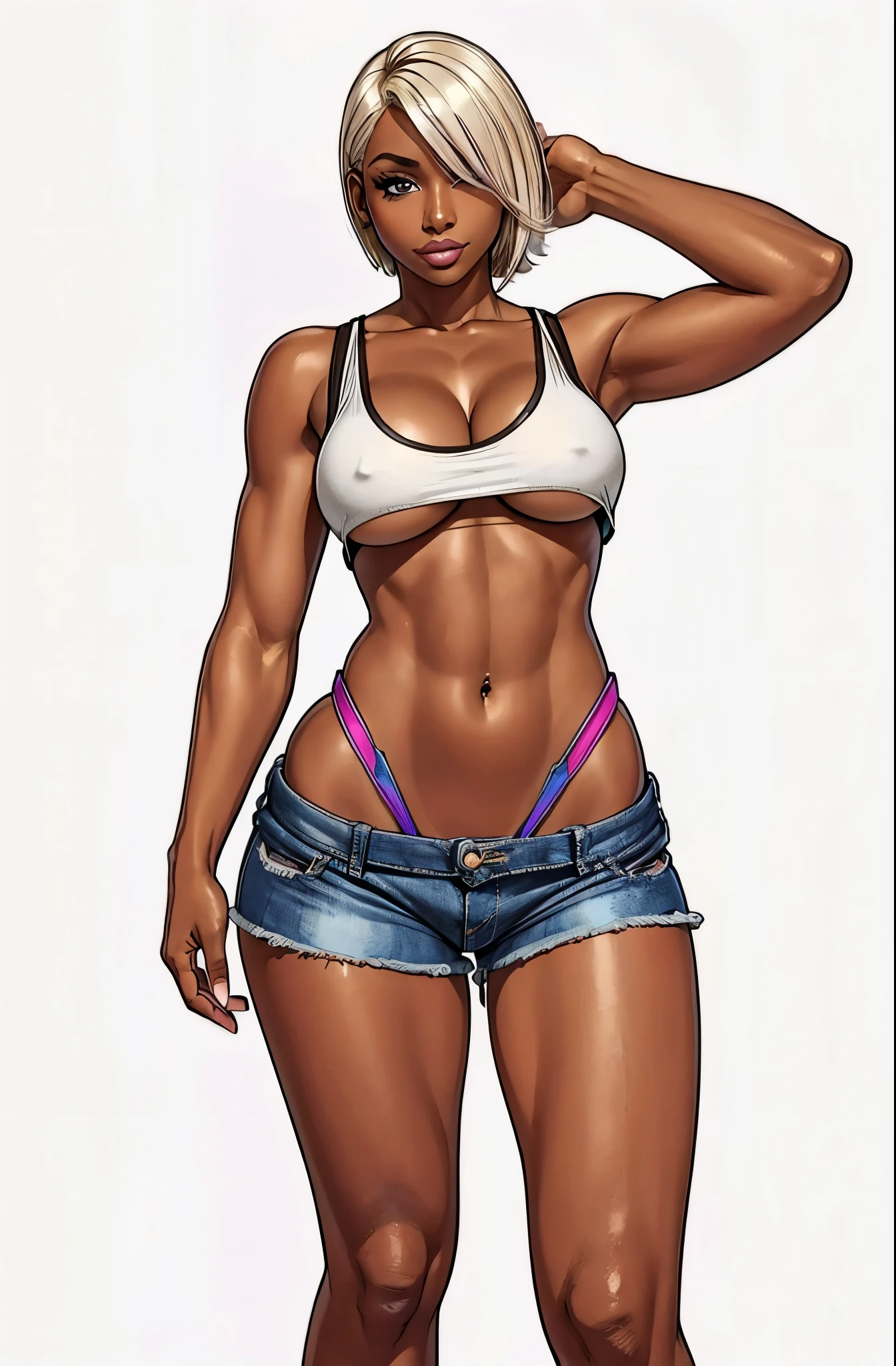 gorgeous woman, short platinum blonde hair, black woman, chocolate skin, ragged white tank-top, underboob, cutoff blue jeans hotpants, magenta thong