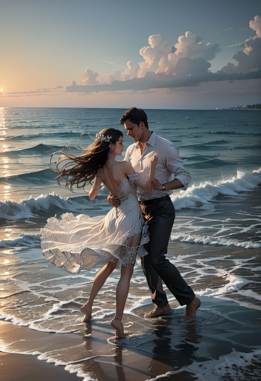 (Ghibli style, Dancing in the Rain), A couple is dancing in the park after rain. They are wearing lightweight dance clothes, surrounded by wet grass and flickering lights. The breeze blows, bringing a hint of coolness. The background is the park after rain, full body, (anime style illustration), panoramic view, award-winning, cinematic still, emotional, vignette, dynamic, vivid, (masterpiece, best quality, Professional, perfect composition, very aesthetic, absurdres, ultra-detailed, intricate details:1.3)