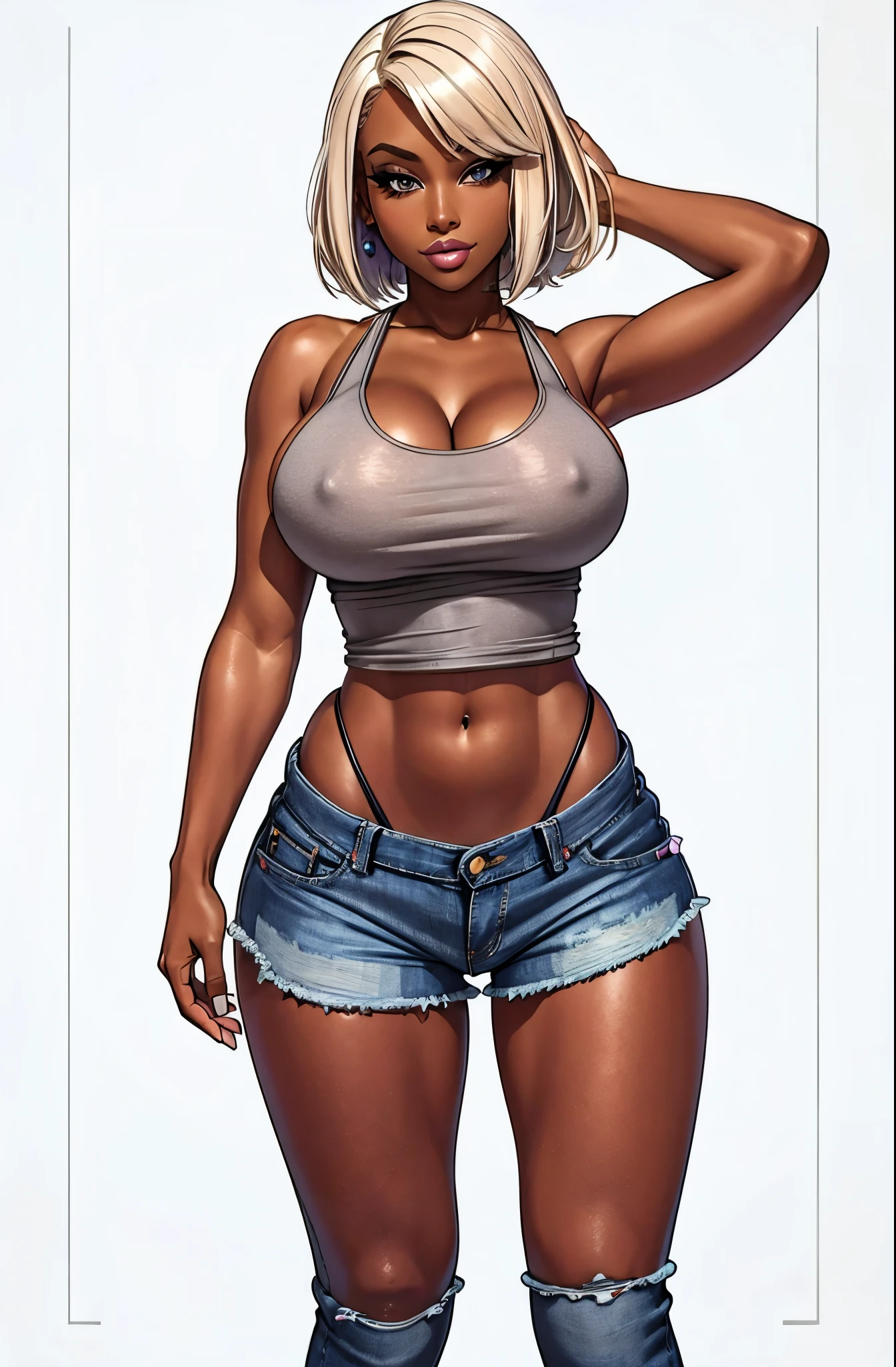 gorgeous woman, short platinum blonde hair, black woman, chocolate skin, ragged white tank-top, underboob, cutoff blue jeans hotpants, magenta thong