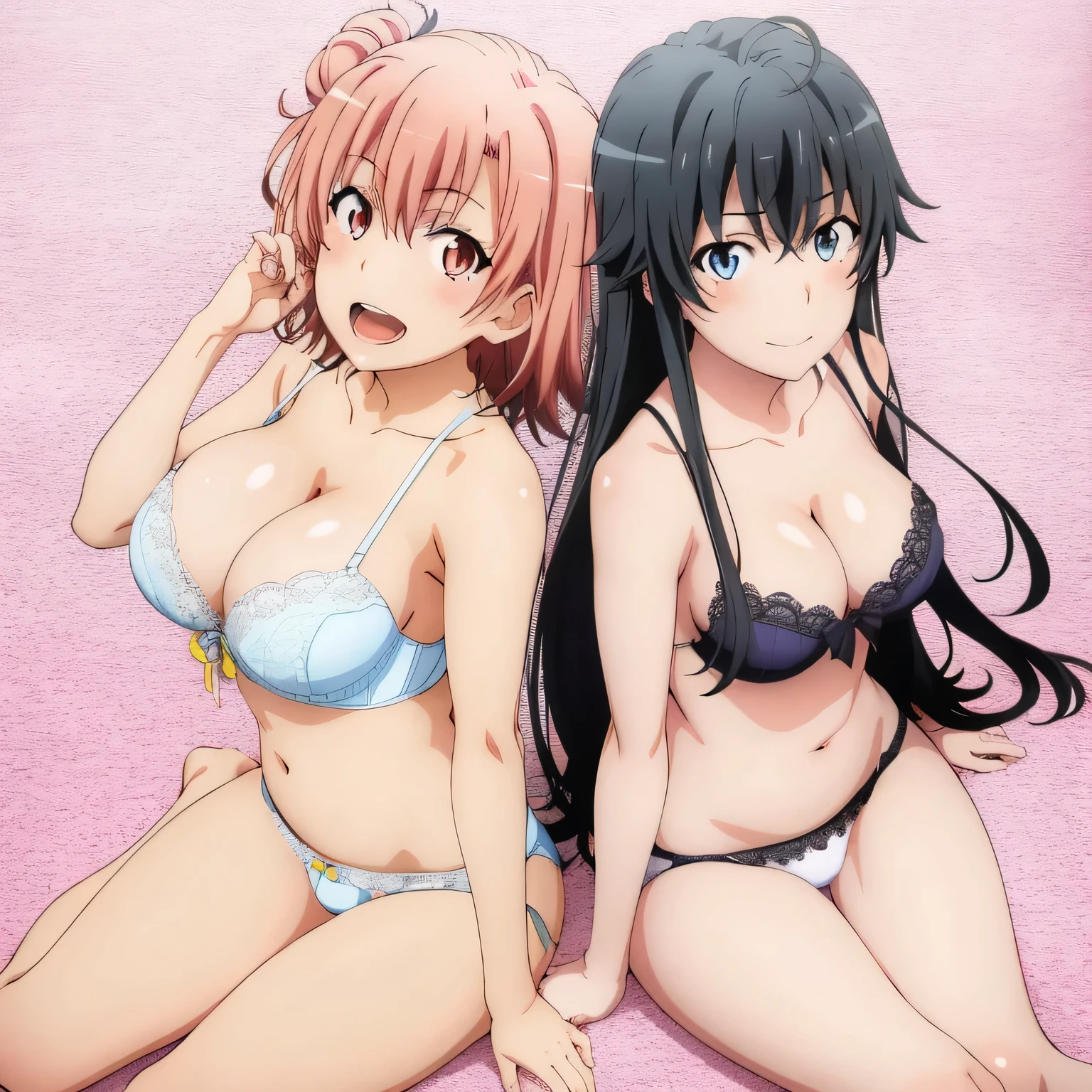 2 girls , Yukinoshita Yukino , yuigahama yui'bust and thighs are great,In underwear,good,belly button,light pink panties,white panties,thighs,knees,(high angle),(beautiful eyes),open mouth smile,Insert your head