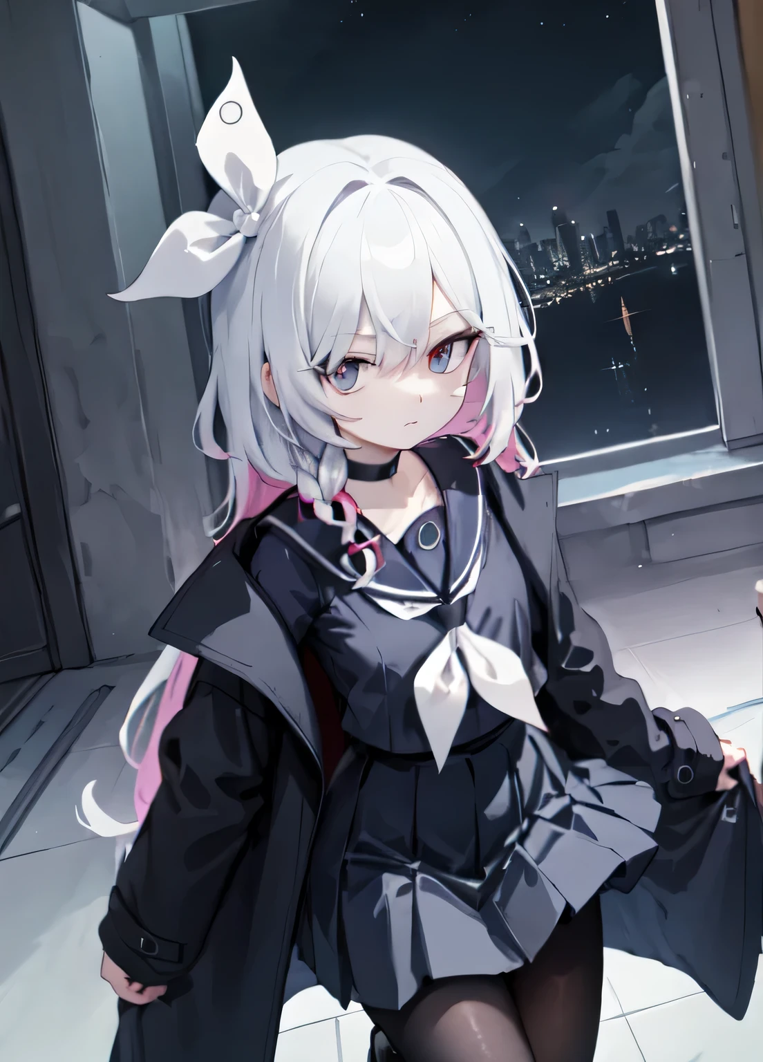 red eyes,long hair, gray hair,choker,black serafuku,sailor collar,black long coat,skirt, black pantyhose,black loafers,closed mouth.Enchanted expression.night、black sailor,