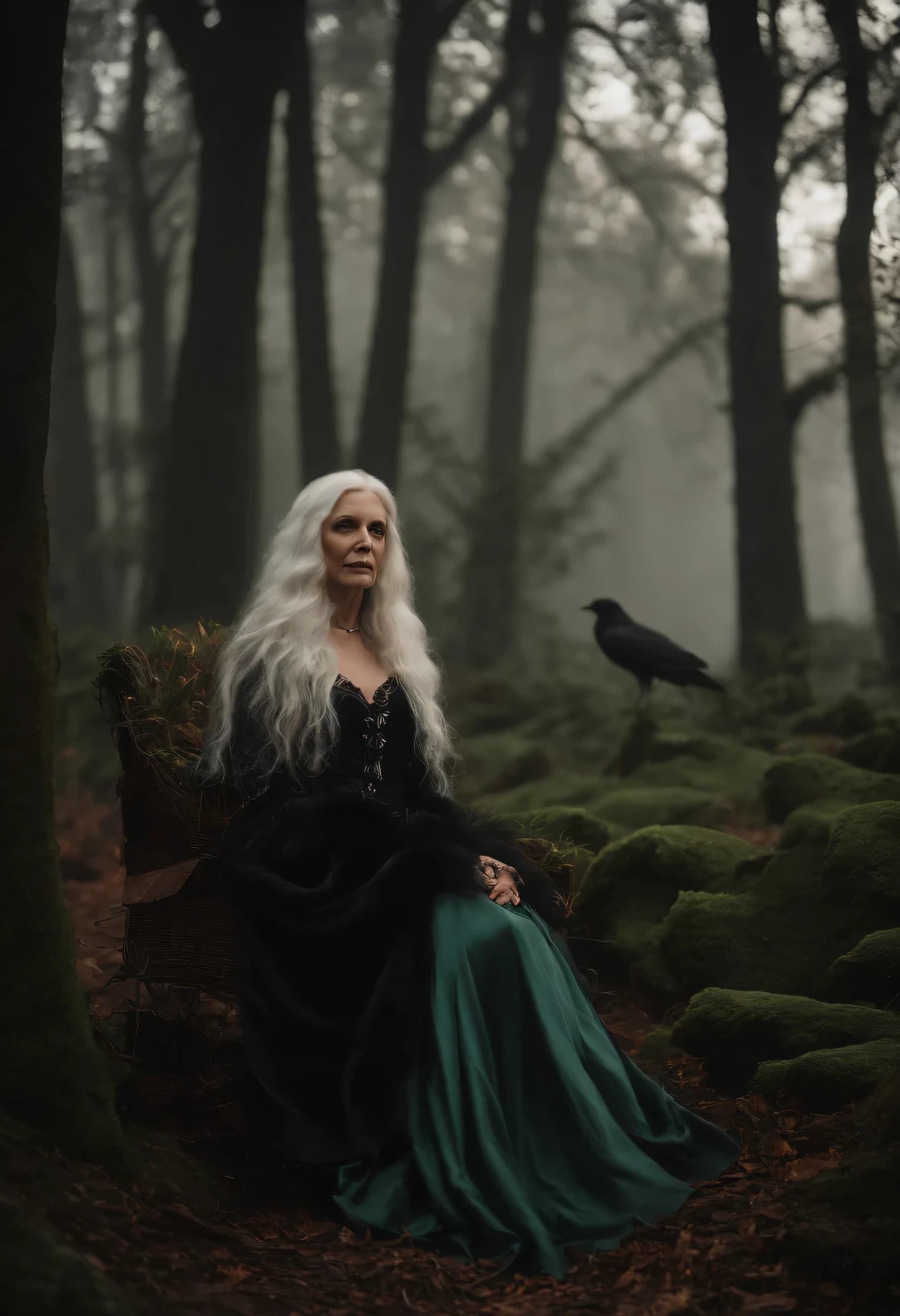 A wise and tough witch with long white hair, sentado em uma cadeira Cardelou forrada de veludo, com um majestoso Sonystr Crow empoleirado em seu ombro.
mystical atmosphere, cores suaves, charming composition, Canon EOS R5 camera, Filme Fujifilm Pro 400H, Lente de 85 mm, foco suave, Guilherme del Toro, Tim Burton, Terry Gillingham, Alexander McQueen, Vivienne Westwood