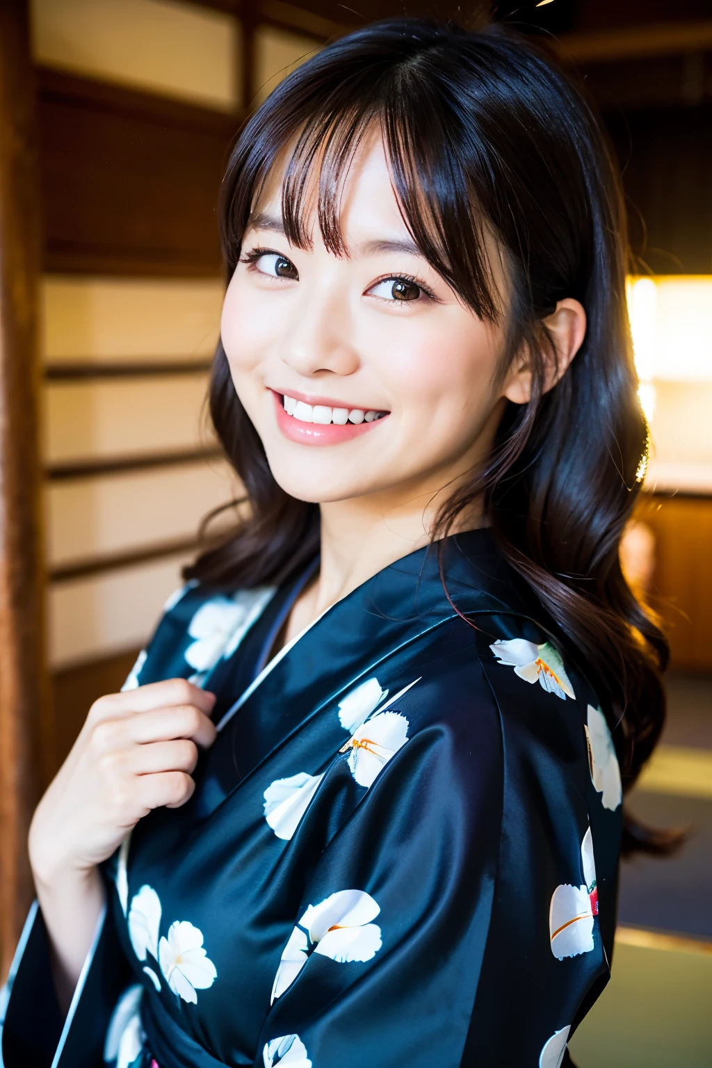 Top quality, one beautiful woman, 35mm lens, f/1, long black hair - yukata, Chuckle-Smile